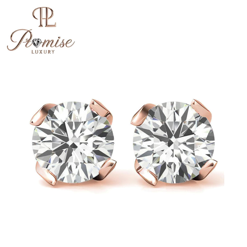 Round Diamond Stud Earrings | 4-Prong Solitaire | 14K Gold or Sterling Silver | Screw Back | 1.00 CTW | Promise Luxury