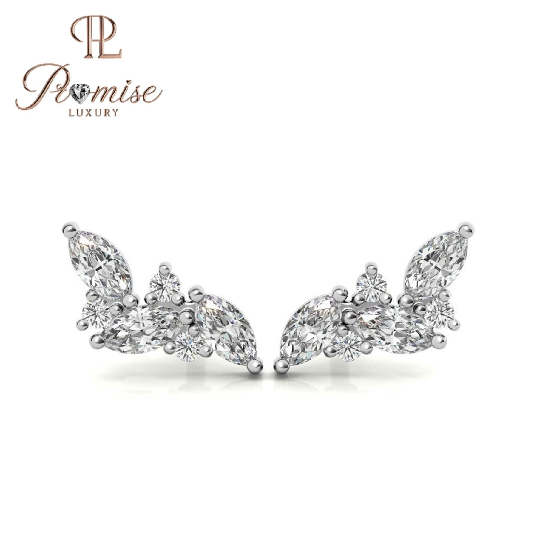 Elegant Diamond Ear Cuffs Luxury Silver Plated with Sparkling Marquise and Round Stones, Stunning Jewelry Gift Perfect for Special Occasions