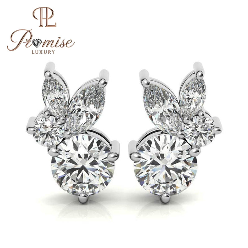 Round Double Halo Diamond Drop Earrings, 14K White Gold Dangle Studs — Bridal Wedding Earrings, Promise Luxury Jewelry