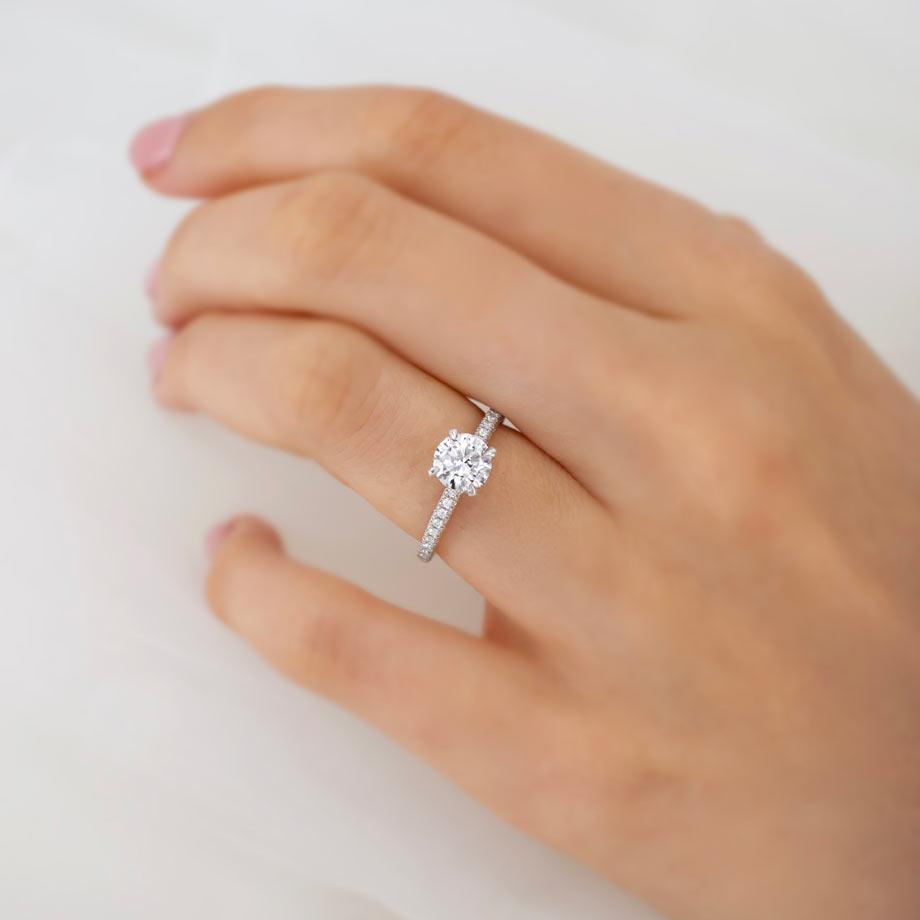 2.0 C.T Lab-Grown Diamond Ring – Round Cut Solitaire with Hidden Halo & Pavé Shank in Sterling Silver, Elegant Bridal Jewelry