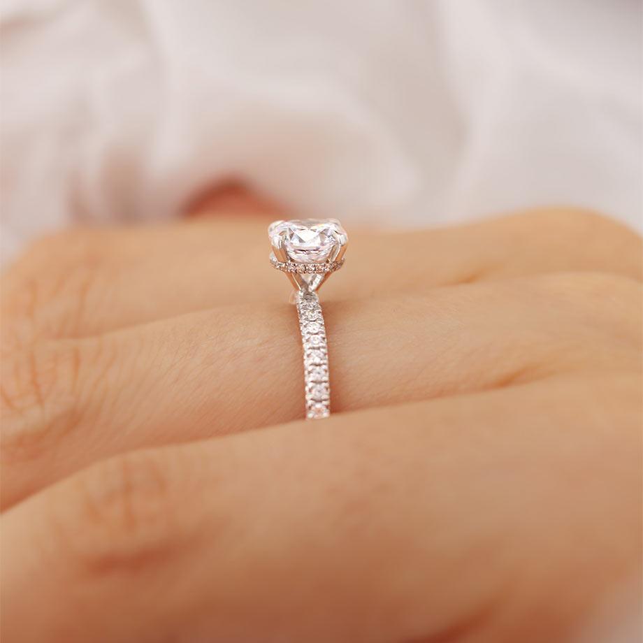 2.0 C.T Lab-Grown Diamond Ring – Round Cut Solitaire with Hidden Halo & Pavé Shank in Sterling Silver, Elegant Bridal Jewelry