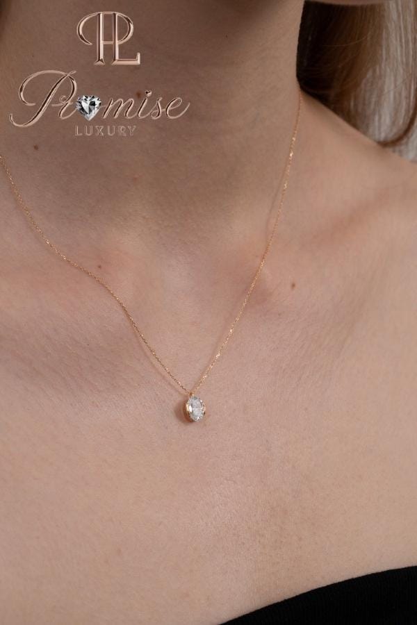 1.0 Ct Oval Cut Lab Grown Diamond Solitaire Necklace – 18K Solid Gold Bezel Pendant | Promise Luxury Minimalist Jewelry Bridal Gift for Her