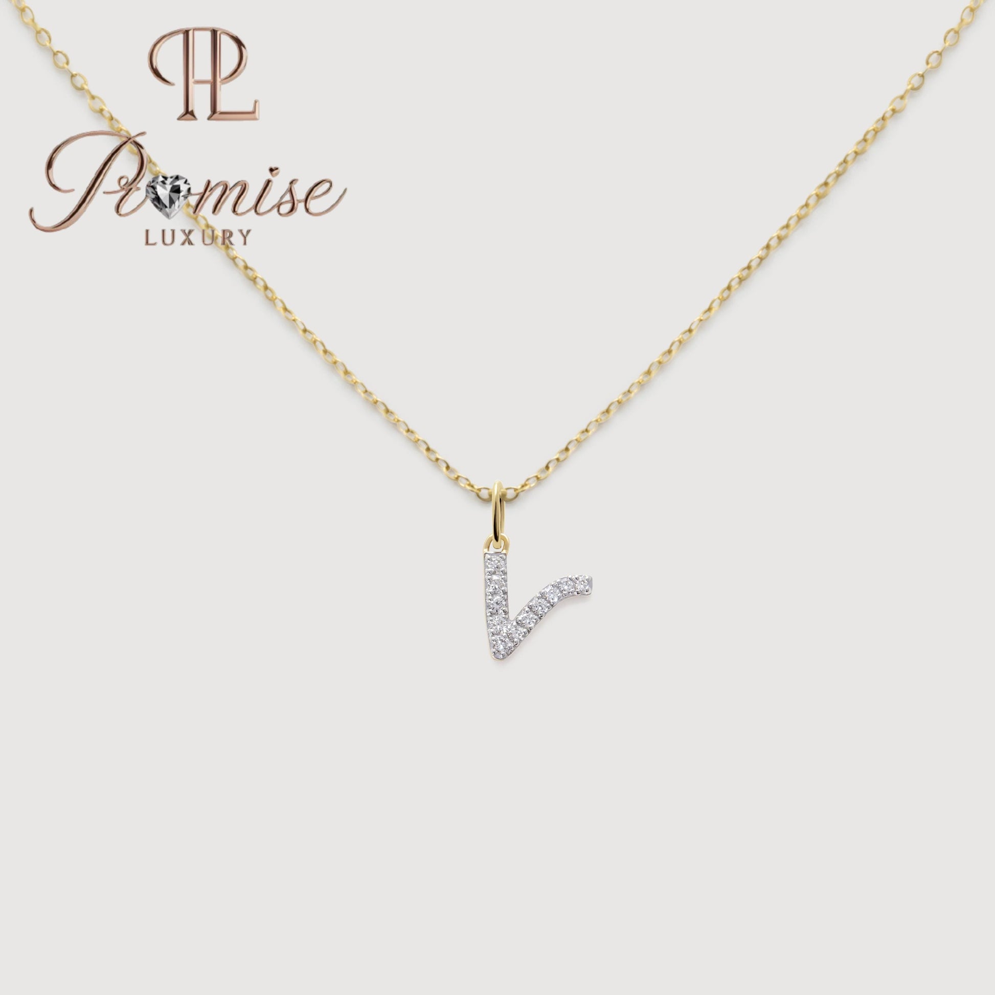 Diamond Initial "V" Pendant Necklace in 14K Gold – Sparkling Letter Jewelry by Promise Luxury
