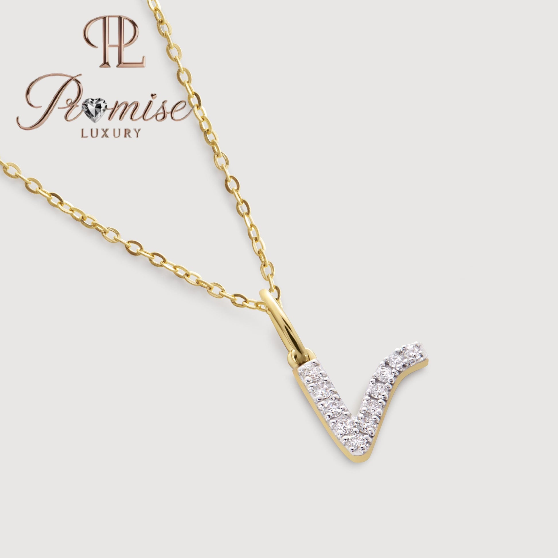 Diamond Initial "V" Pendant Necklace in 14K Gold – Sparkling Letter Jewelry by Promise Luxury