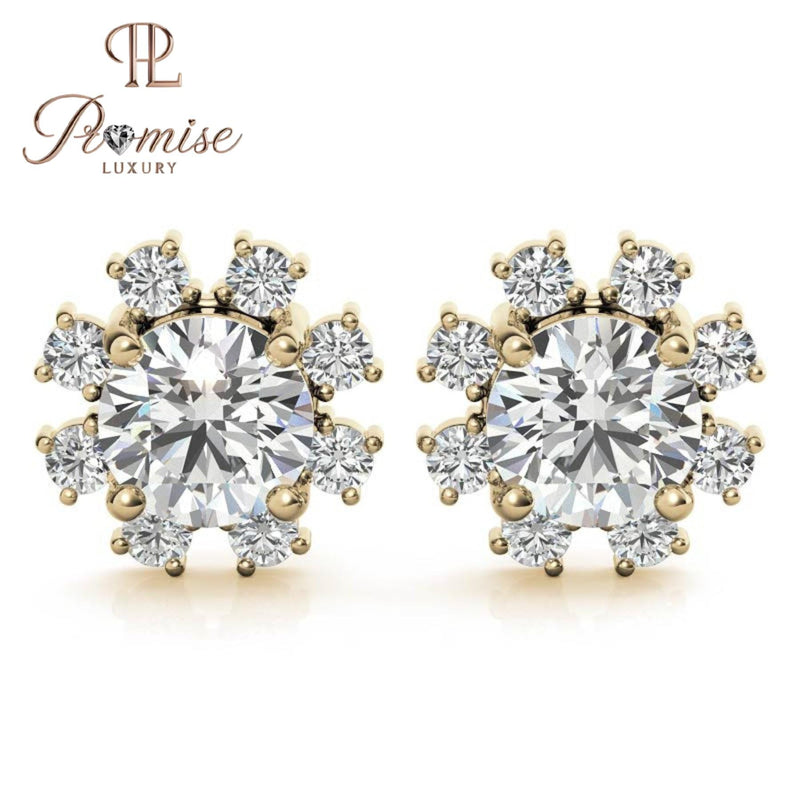 Elegant 18K yellow gold floral diamond cluster studs with dazzling brilliance — perfect for weddings, parties, or everyday royalty