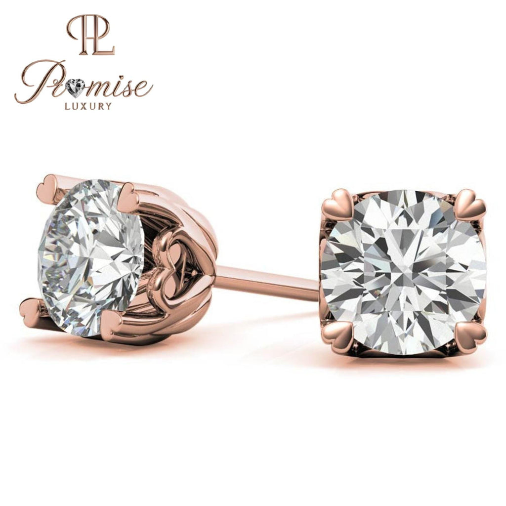 Romantic Heart-Prong Round Diamond Stud Earrings in Yellow Gold – A Sweet Sparkle for Everyday Love & Elegance