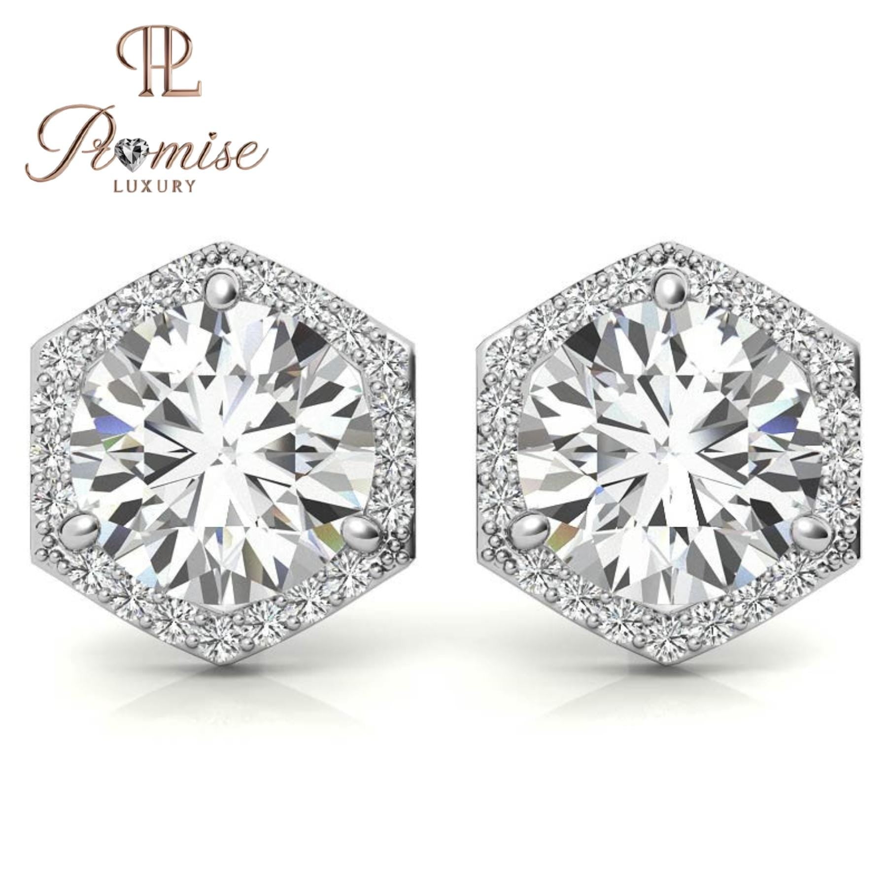 Elegant Hexagon Diamond Stud Earrings with Halo, 18K Gold Setting, Sparkling 1.5 Carat Total Weight - Luxury Gift for Special Occasions