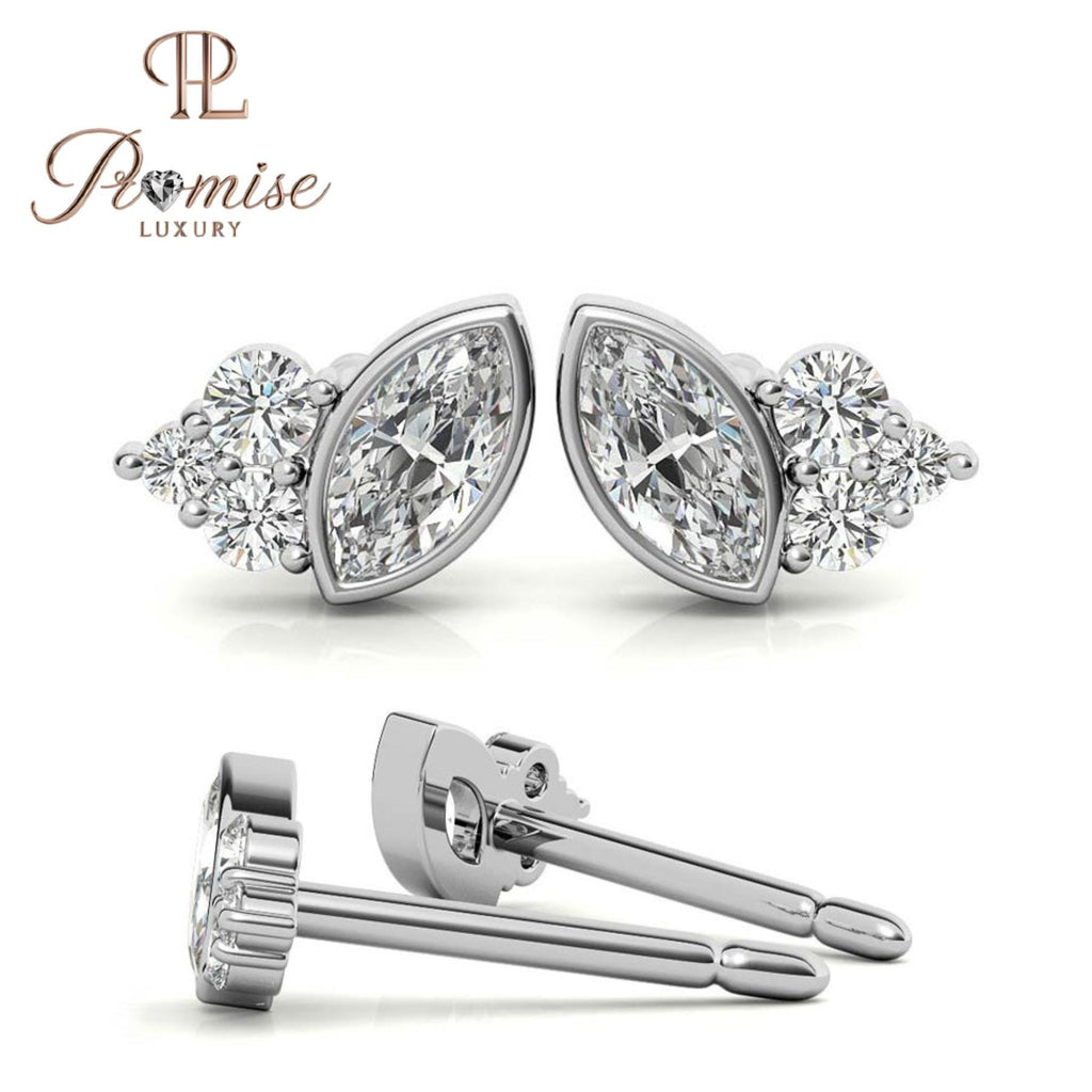 Marquise Diamond Cluster Stud Earrings, 14K White Gold — Trio Round Accent Stones, Minimalist Jewelry, Dainty Bridal Gift by Promise Luxury