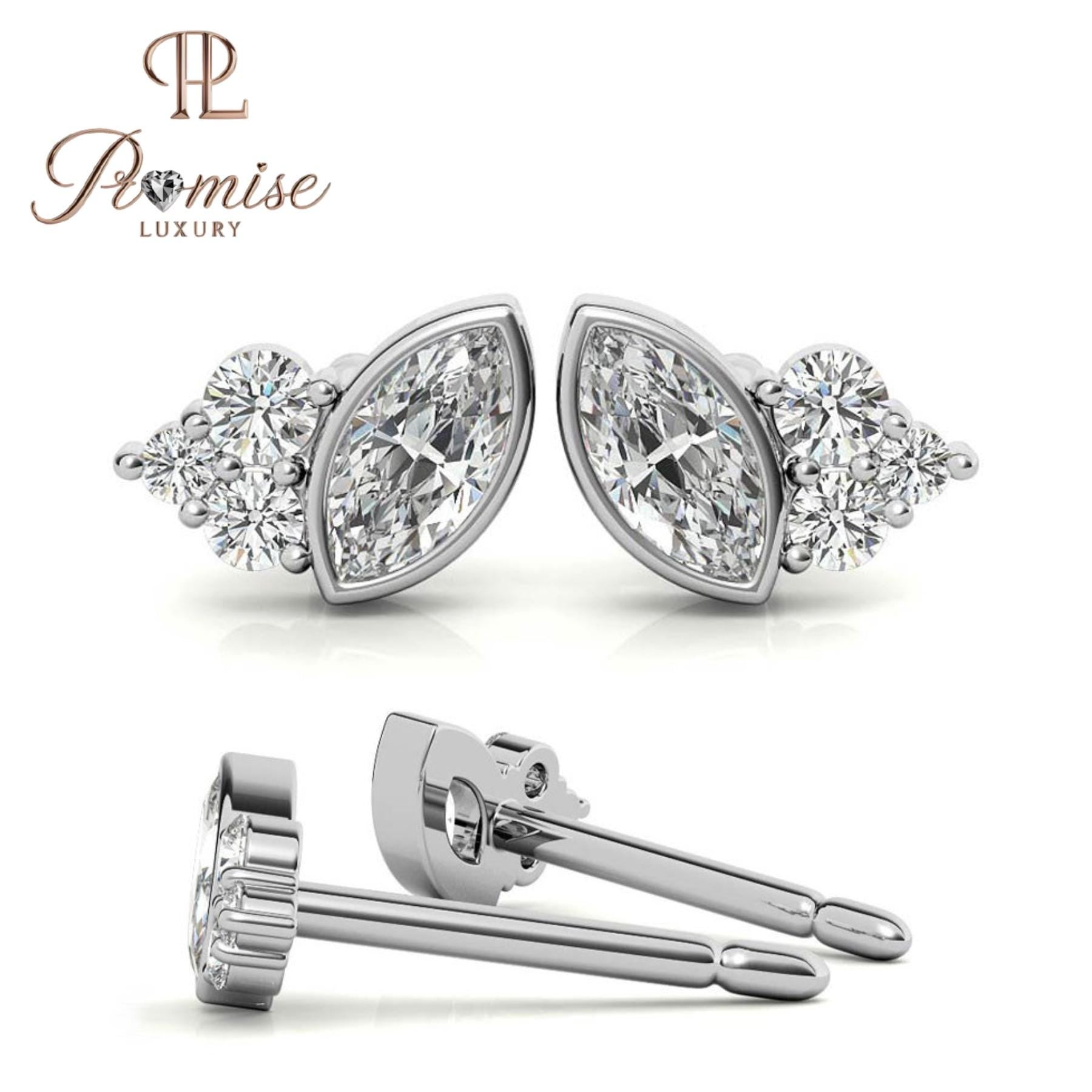 Marquise Diamond Cluster Stud Earrings, 14K White Gold — Trio Round Accent Stones, Minimalist Jewelry, Dainty Bridal Gift by Promise Luxury