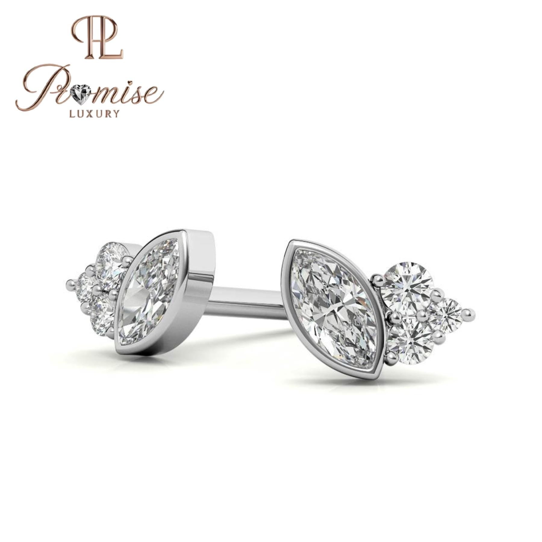 Marquise Diamond Cluster Stud Earrings, 14K White Gold — Trio Round Accent Stones, Minimalist Jewelry, Dainty Bridal Gift by Promise Luxury
