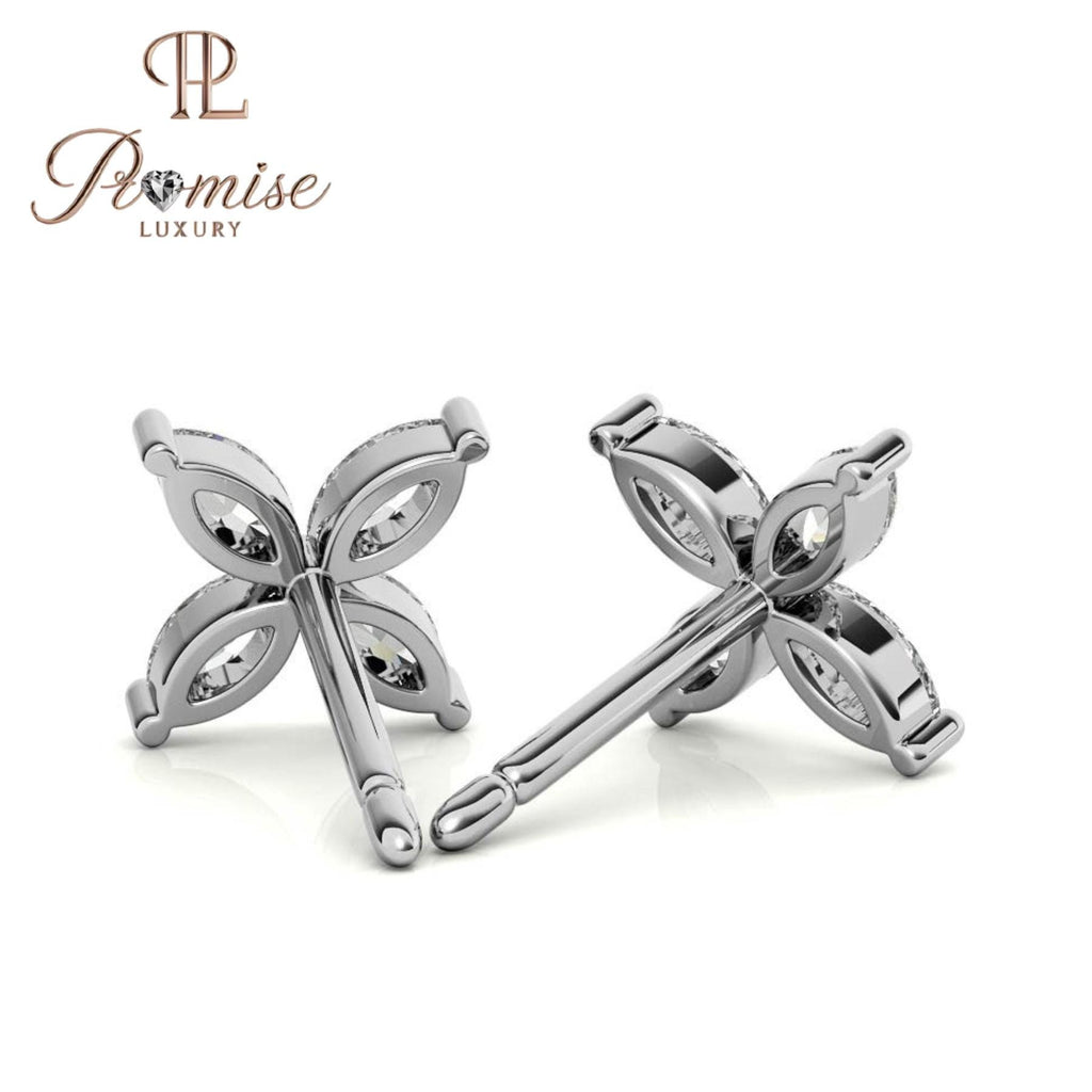 Marquise Diamond Flower Stud Earrings, 14K White Gold — 4-Stone Floral Cluster Studs, Dainty Minimal Bridal Gift, Promise Luxury Jewelry