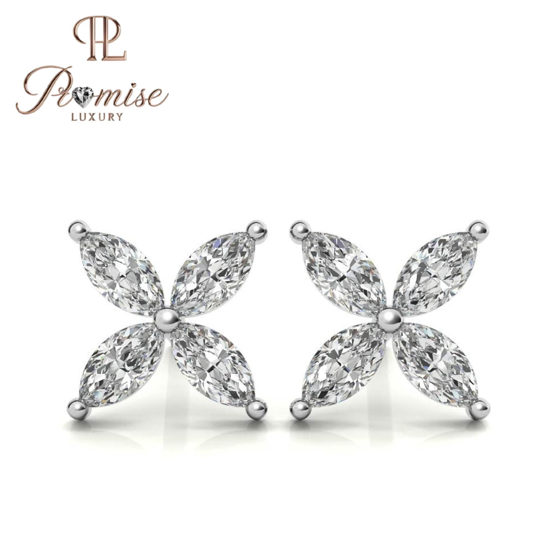 Marquise Diamond Flower Stud Earrings, 14K White Gold — 4-Stone Floral Cluster Studs, Dainty Minimal Bridal Gift, Promise Luxury Jewelry