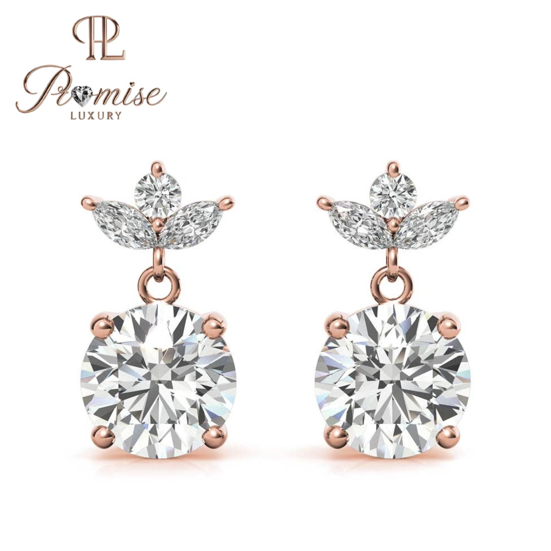 Floral Crown Diamond Drop Stud Earrings, 14K White Gold — Round Center with Marquise Accents, Dainty Bridal Gift by Promise Luxury