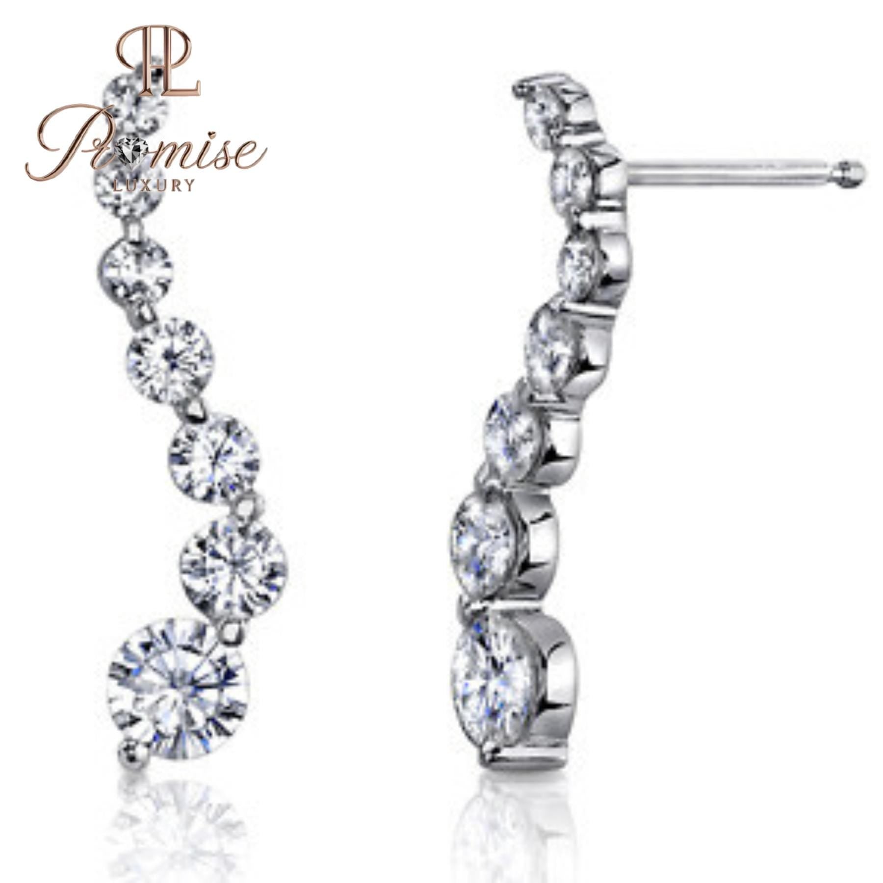 Graduated Diamond Ear Climber Earrings, 14K White Gold — Round Line Crawler Studs, Dainty Minimal Bridal Gift by Promise Luxury