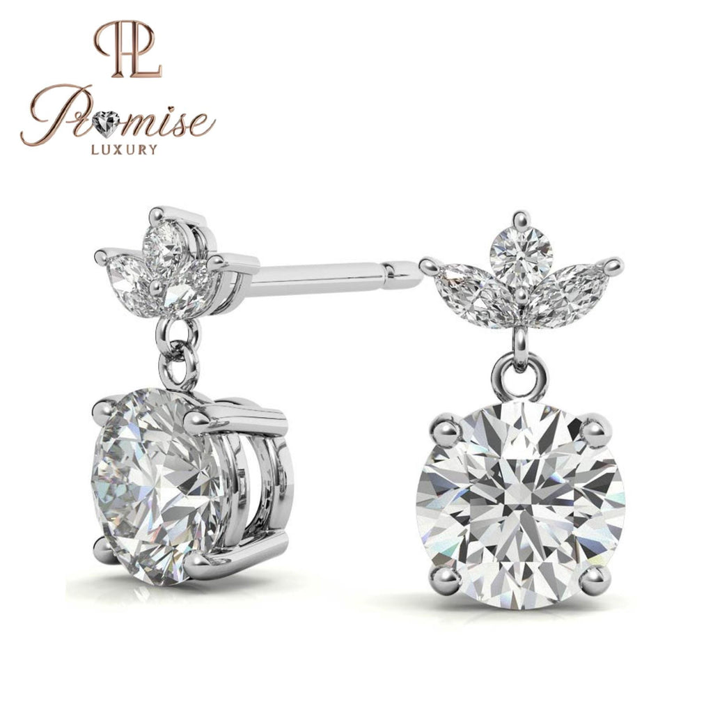 Marquise & Round Diamond Cluster Stud Earrings, 14K White Gold – Floral Butterfly Design, Dainty Bridal Gift by Promise Luxury