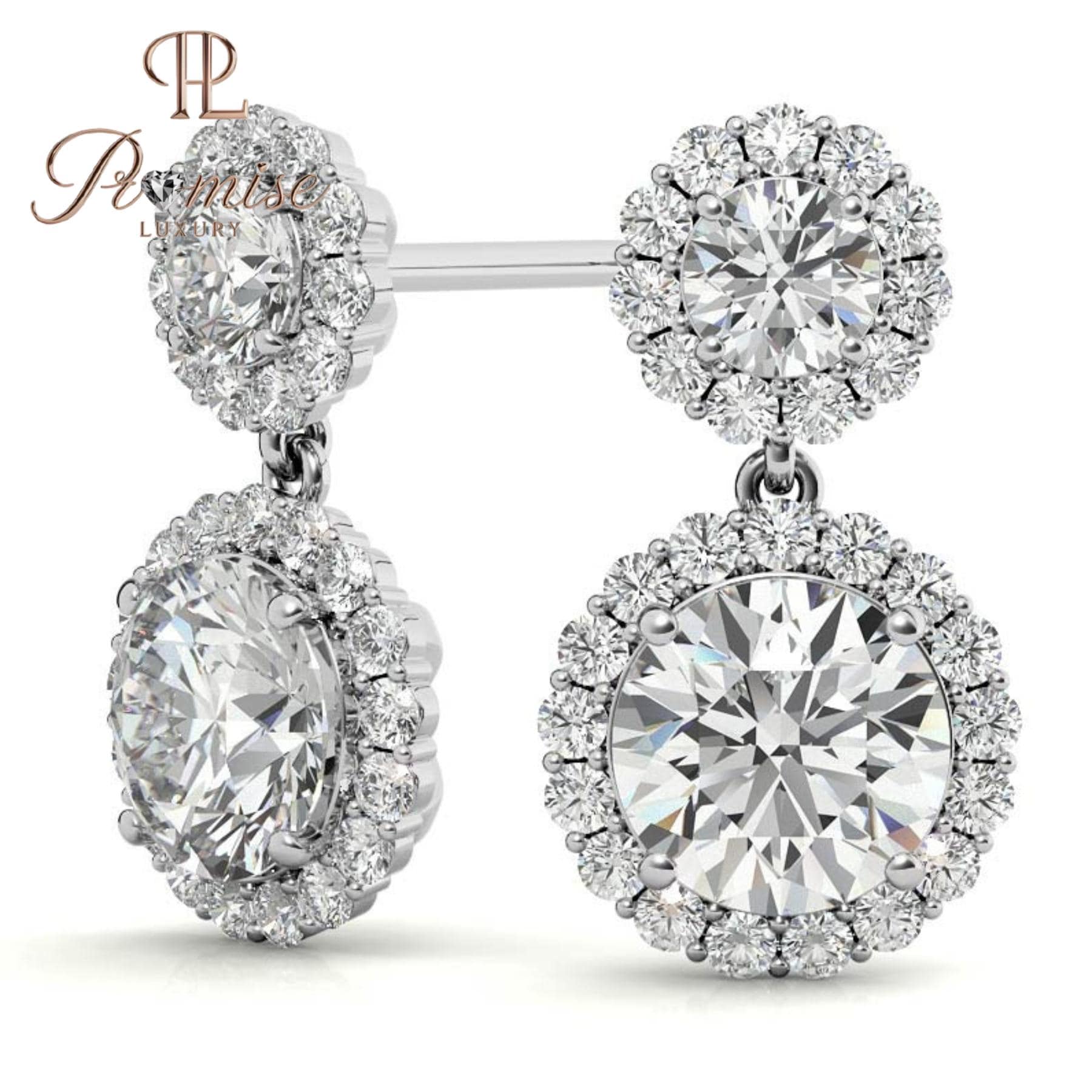 Double Halo Drop Diamond Earrings 14K White Gold | Round Brilliant Dangle Studs | Wedding Bridal Gift | Luxury Anniversary Earrings for Her