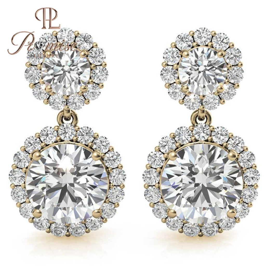 Double Halo Drop Diamond Earrings 14K White Gold | Round Brilliant Dangle Studs | Wedding Bridal Gift | Luxury Anniversary Earrings for Her
