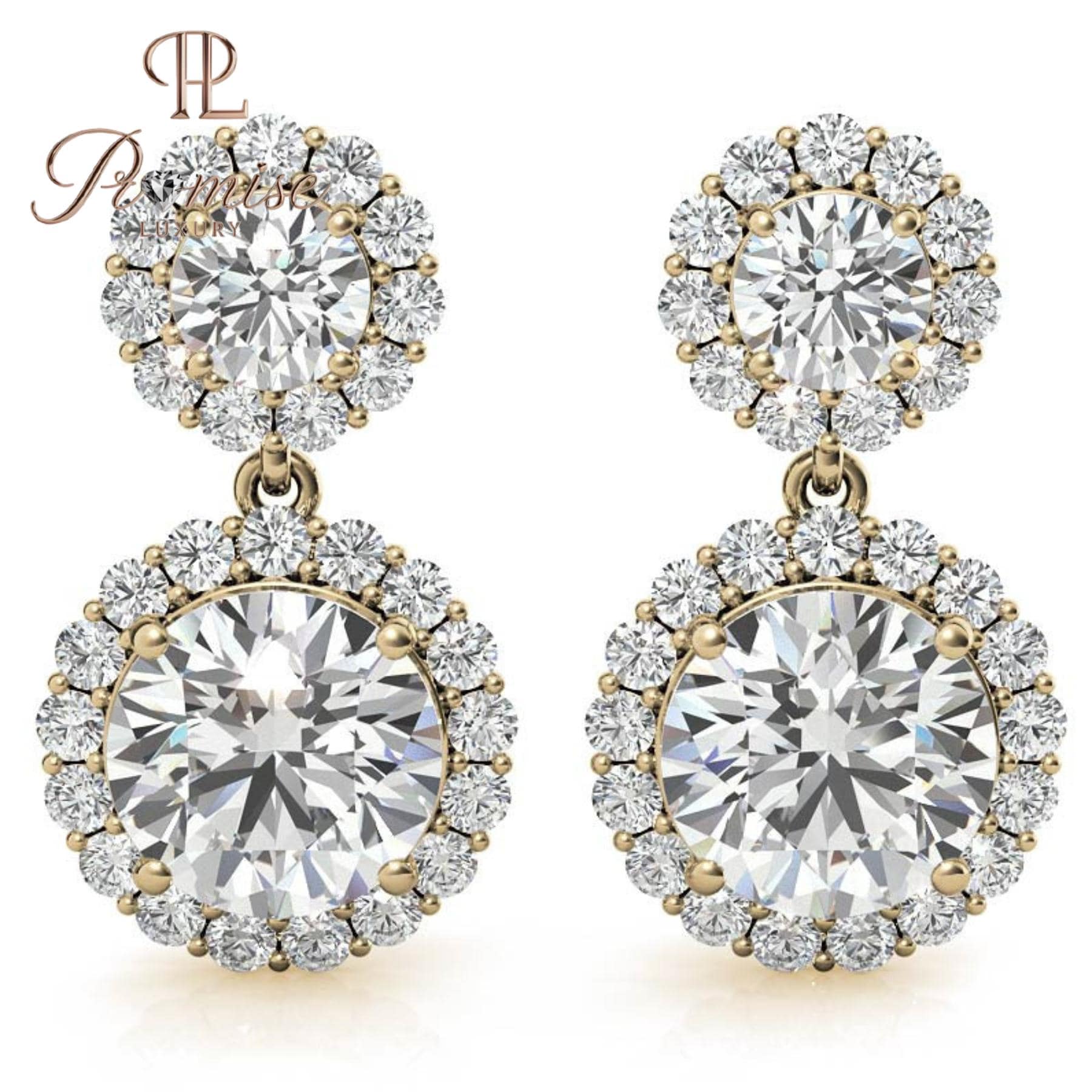 Double Halo Drop Diamond Earrings 14K White Gold | Round Brilliant Dangle Studs | Wedding Bridal Gift | Luxury Anniversary Earrings for Her