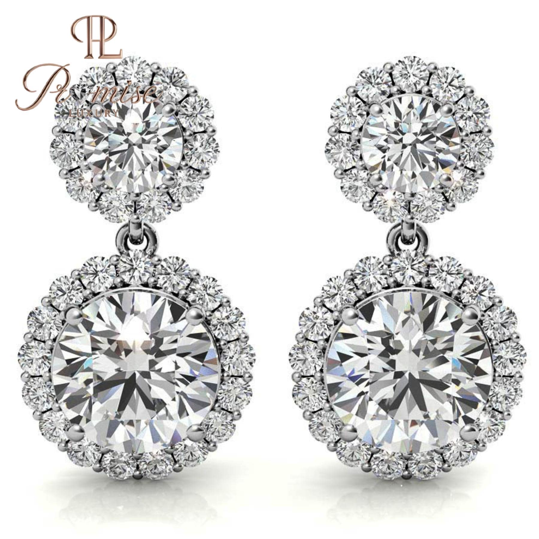 Double Halo Drop Diamond Earrings 14K White Gold | Round Brilliant Dangle Studs | Wedding Bridal Gift | Luxury Anniversary Earrings for Her