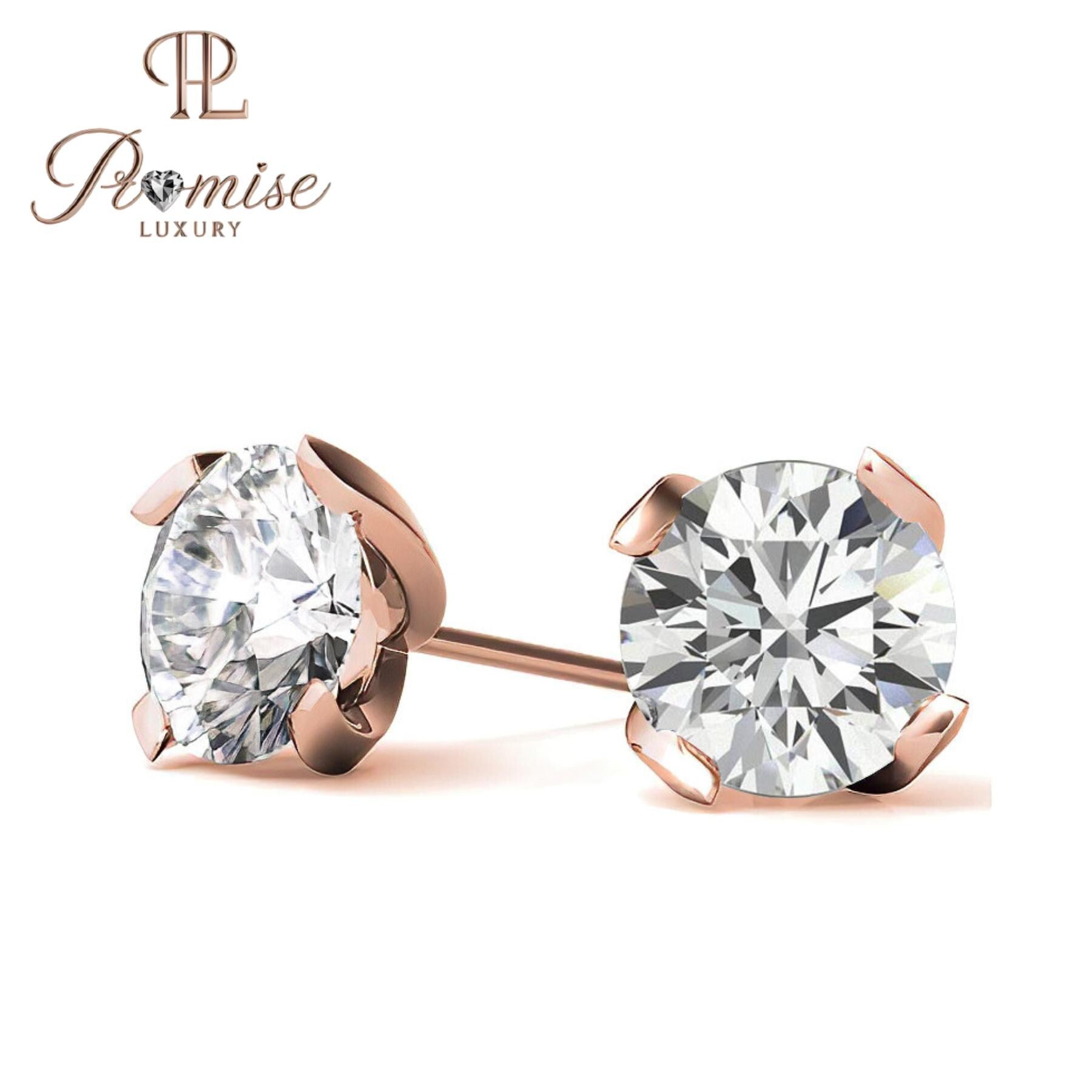 Round Diamond Stud Earrings | 4-Prong Solitaire | 14K Gold or Sterling Silver | Screw Back | 1.00 CTW | Promise Luxury