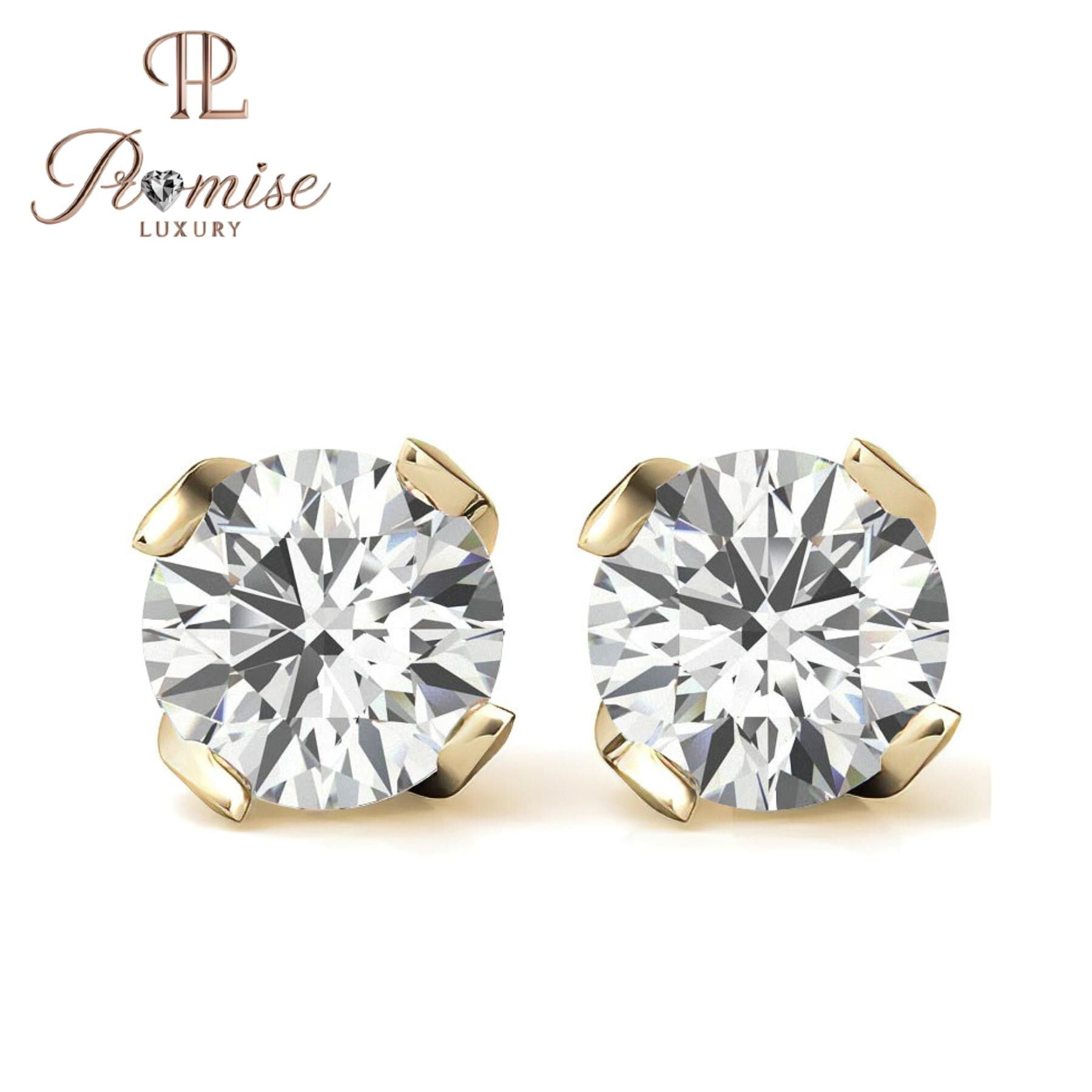 Round Diamond Stud Earrings | 4-Prong Solitaire | 14K Gold or Sterling Silver | Screw Back | 1.00 CTW | Promise Luxury