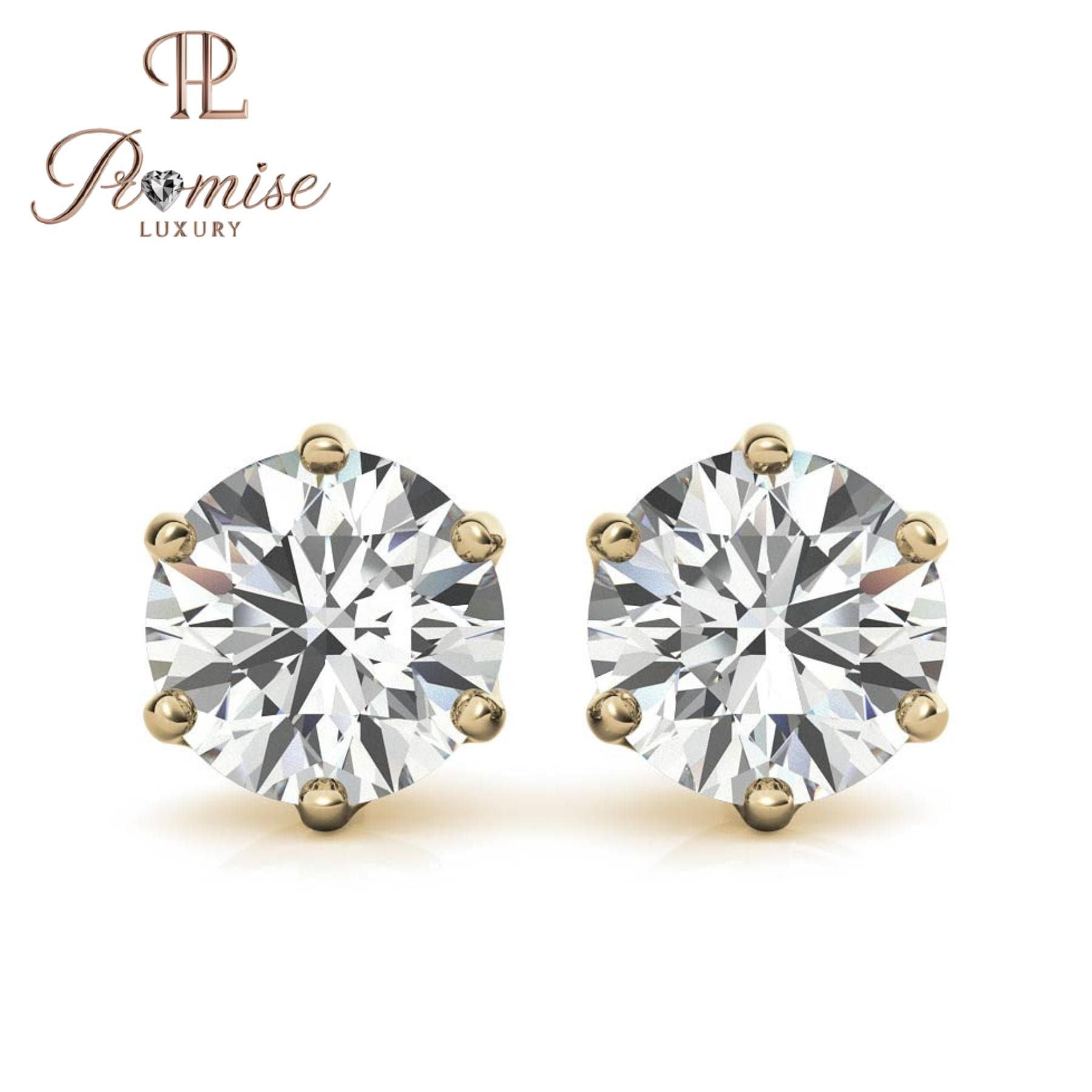 Round Diamond Stud Earrings | 6-Prong Solitaire | 14K Gold or Sterling Silver | Push/Screw Back | 1.00 CTW | Promise Luxury