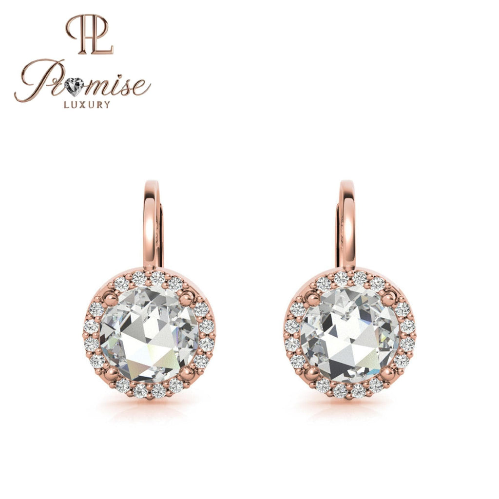 Halo Diamond Leverback Earrings | Round Cut | 14K Gold or Sterling Silver | Dangle Drop | 1.00 CTW | Promise Luxury