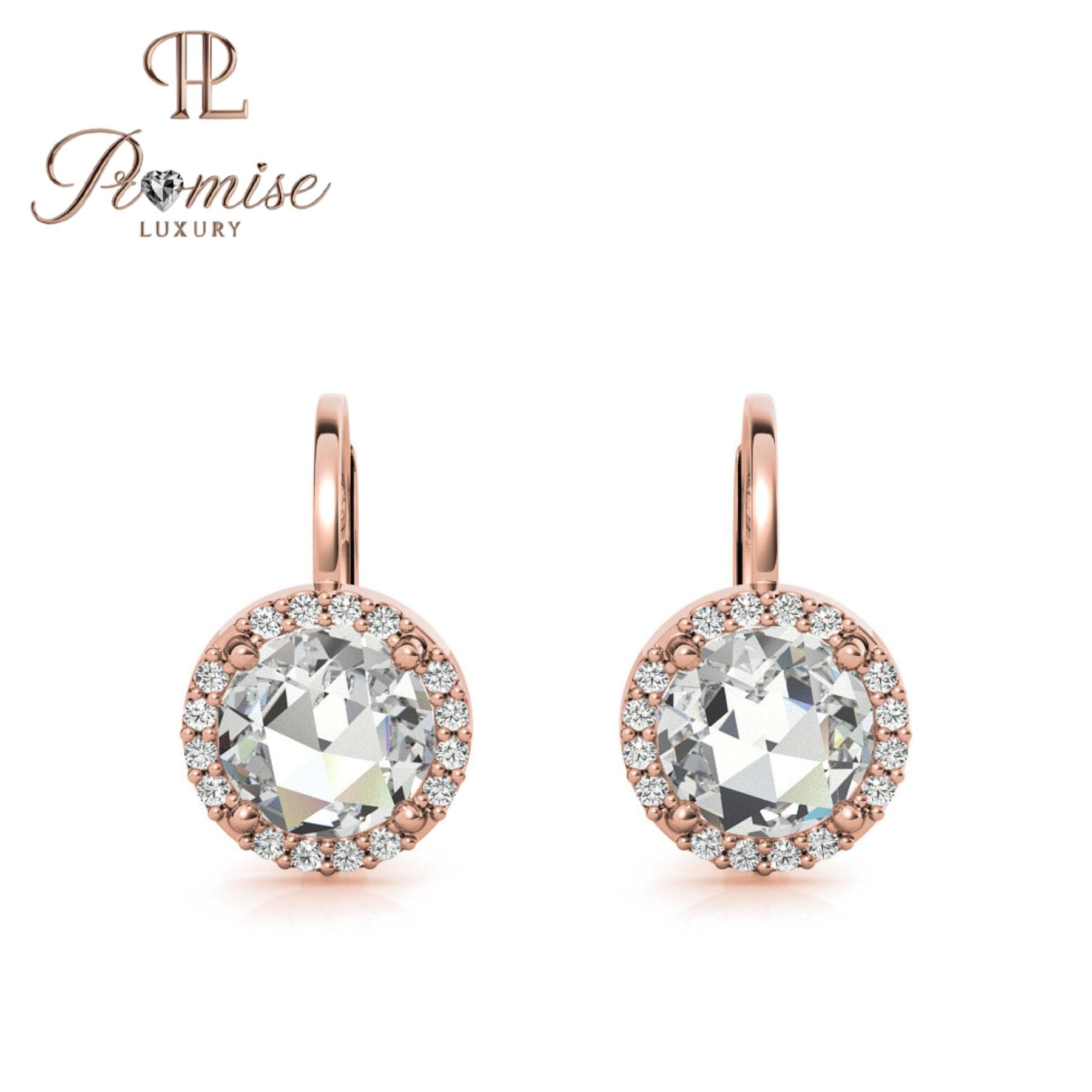 Halo Diamond Leverback Earrings | Round Cut | 14K Gold or Sterling Silver | Dangle Drop | 1.00 CTW | Promise Luxury