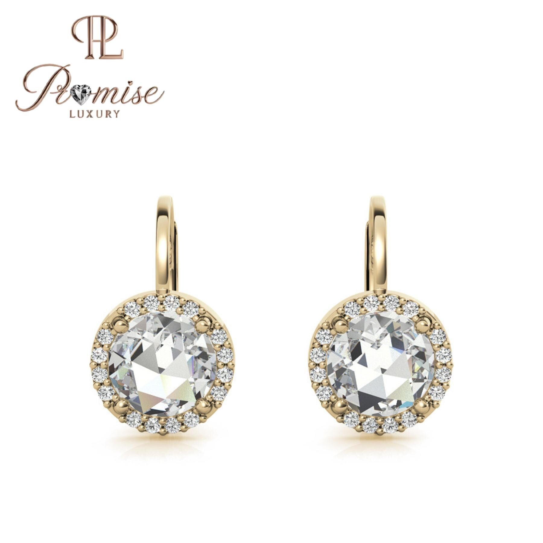 Halo Diamond Leverback Earrings | Round Cut | 14K Gold or Sterling Silver | Dangle Drop | 1.00 CTW | Promise Luxury