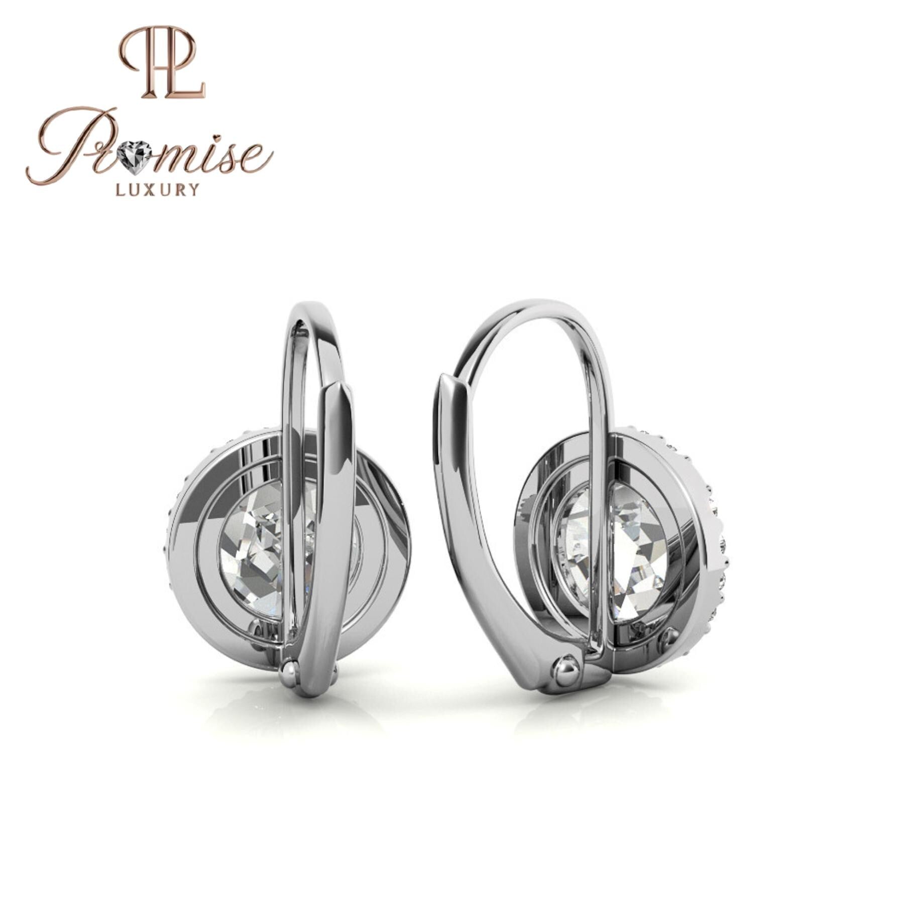 Halo Diamond Leverback Earrings | Round Cut | 14K Gold or Sterling Silver | Dangle Drop | 1.00 CTW | Promise Luxury