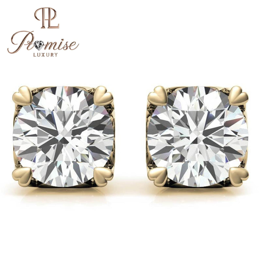 Romantic Heart-Prong Round Diamond Stud Earrings in Yellow Gold – A Sweet Sparkle for Everyday Love & Elegance
