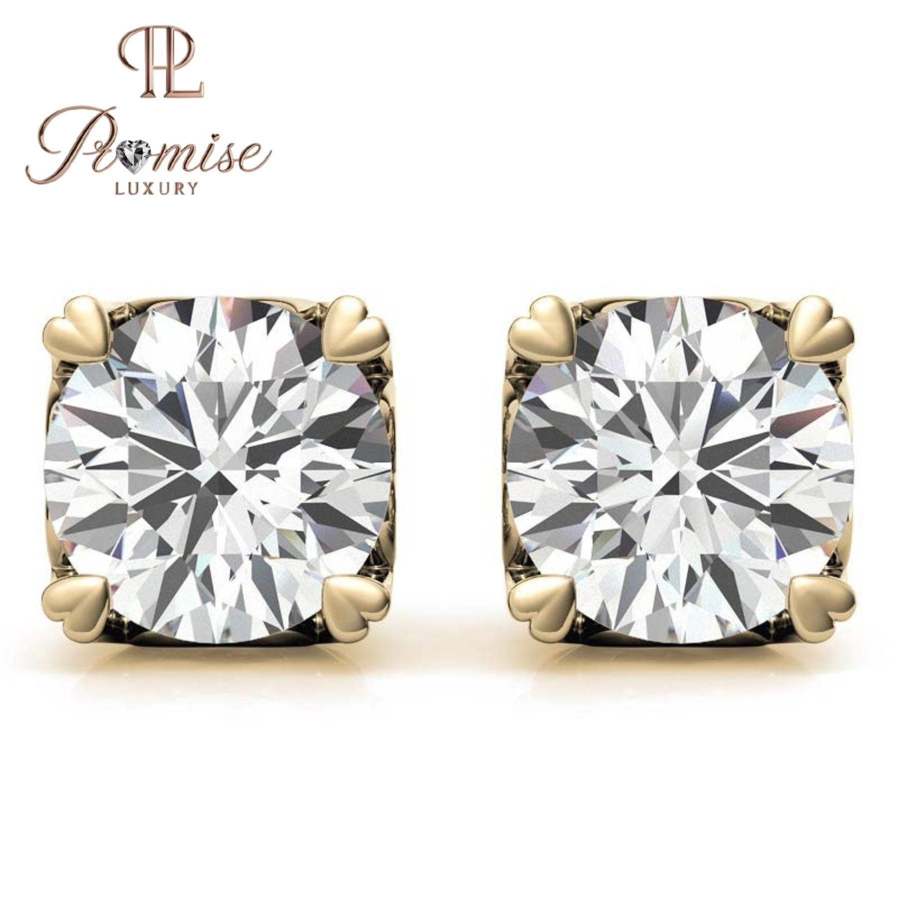 Romantic Heart-Prong Round Diamond Stud Earrings in Yellow Gold – A Sweet Sparkle for Everyday Love & Elegance