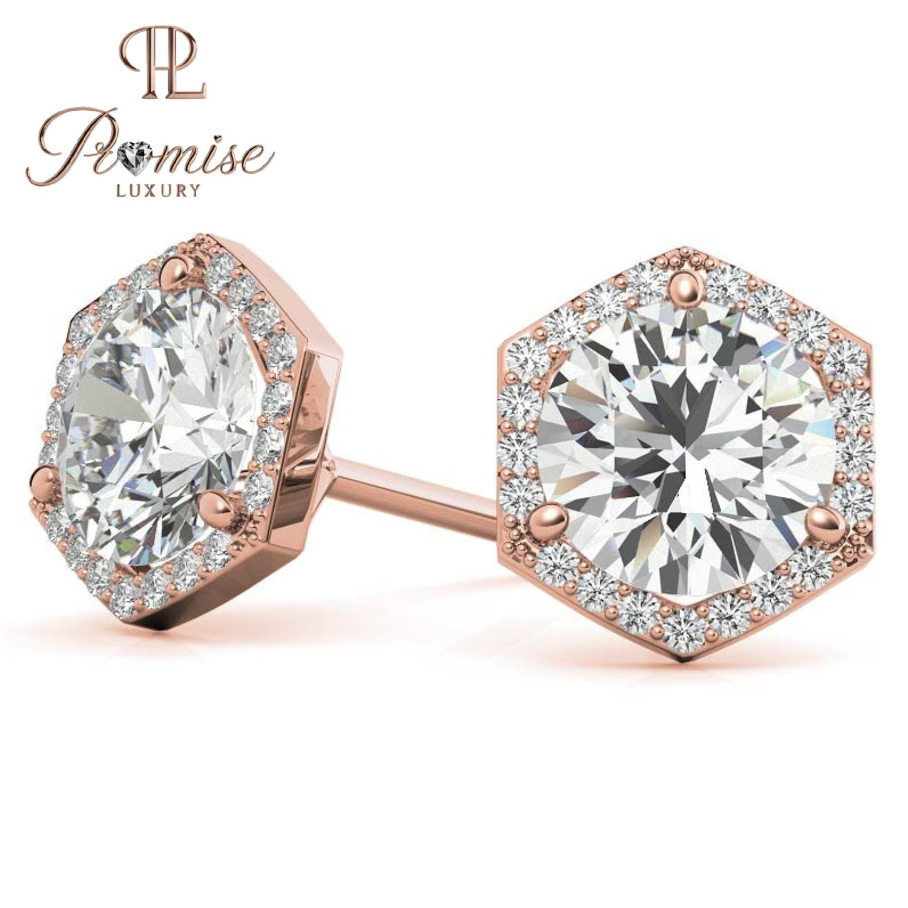 Elegant Hexagon Diamond Stud Earrings with Halo, 18K Gold Setting, Sparkling 1.5 Carat Total Weight - Luxury Gift for Special Occasions