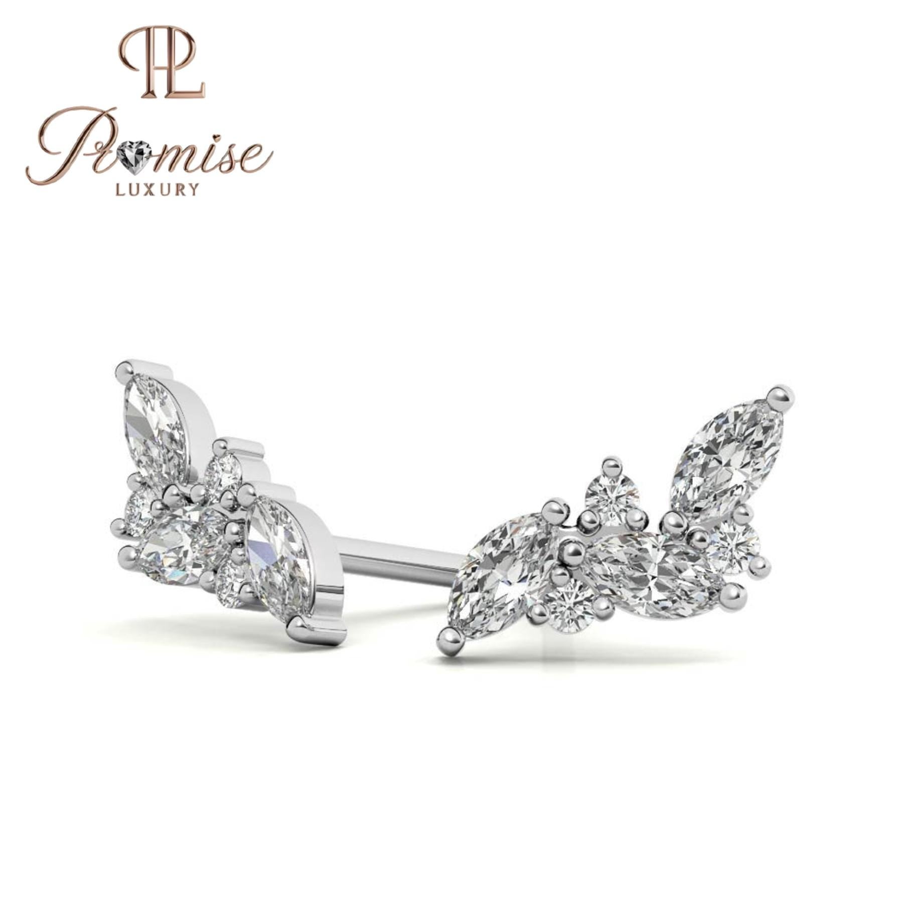 Elegant Diamond Ear Cuffs Luxury Silver Plated with Sparkling Marquise and Round Stones, Stunning Jewelry Gift Perfect for Special Occasions
