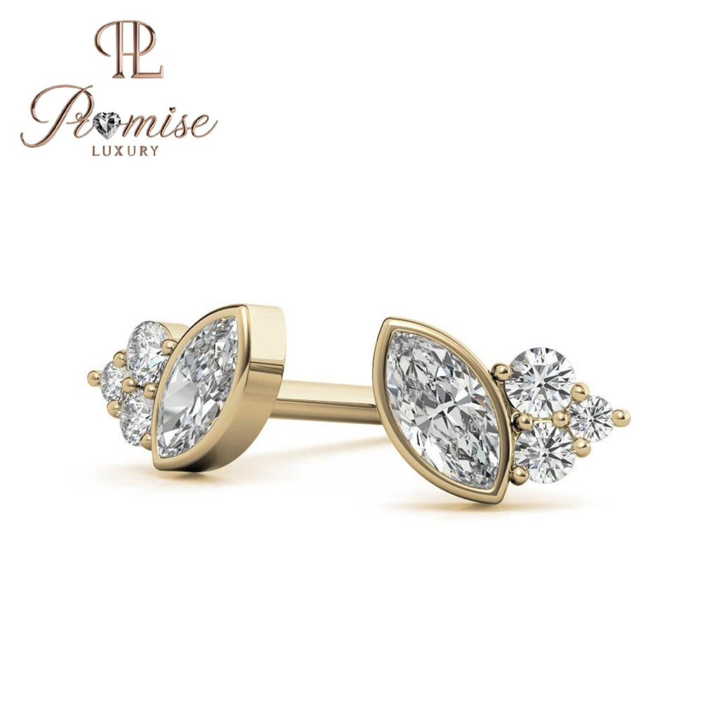 Marquise Diamond Cluster Stud Earrings, 14K White Gold — Trio Round Accent Stones, Minimalist Jewelry, Dainty Bridal Gift by Promise Luxury