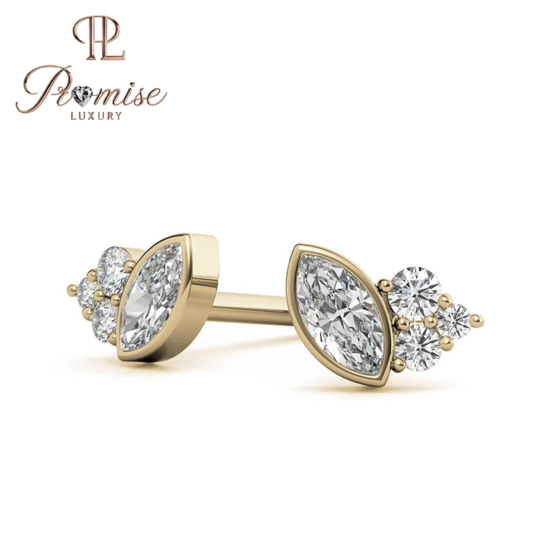 Marquise Diamond Cluster Stud Earrings, 14K White Gold — Trio Round Accent Stones, Minimalist Jewelry, Dainty Bridal Gift by Promise Luxury