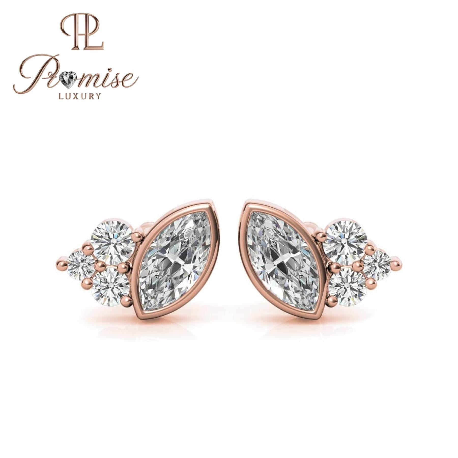 Marquise Diamond Cluster Stud Earrings, 14K White Gold — Trio Round Accent Stones, Minimalist Jewelry, Dainty Bridal Gift by Promise Luxury