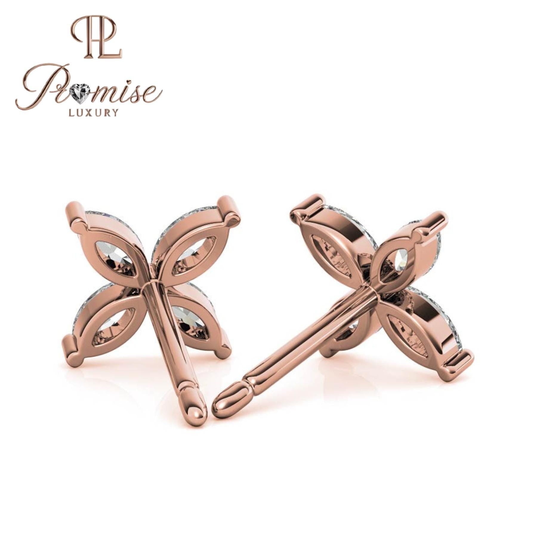 Marquise Diamond Flower Stud Earrings, 14K White Gold — 4-Stone Floral Cluster Studs, Dainty Minimal Bridal Gift, Promise Luxury Jewelry