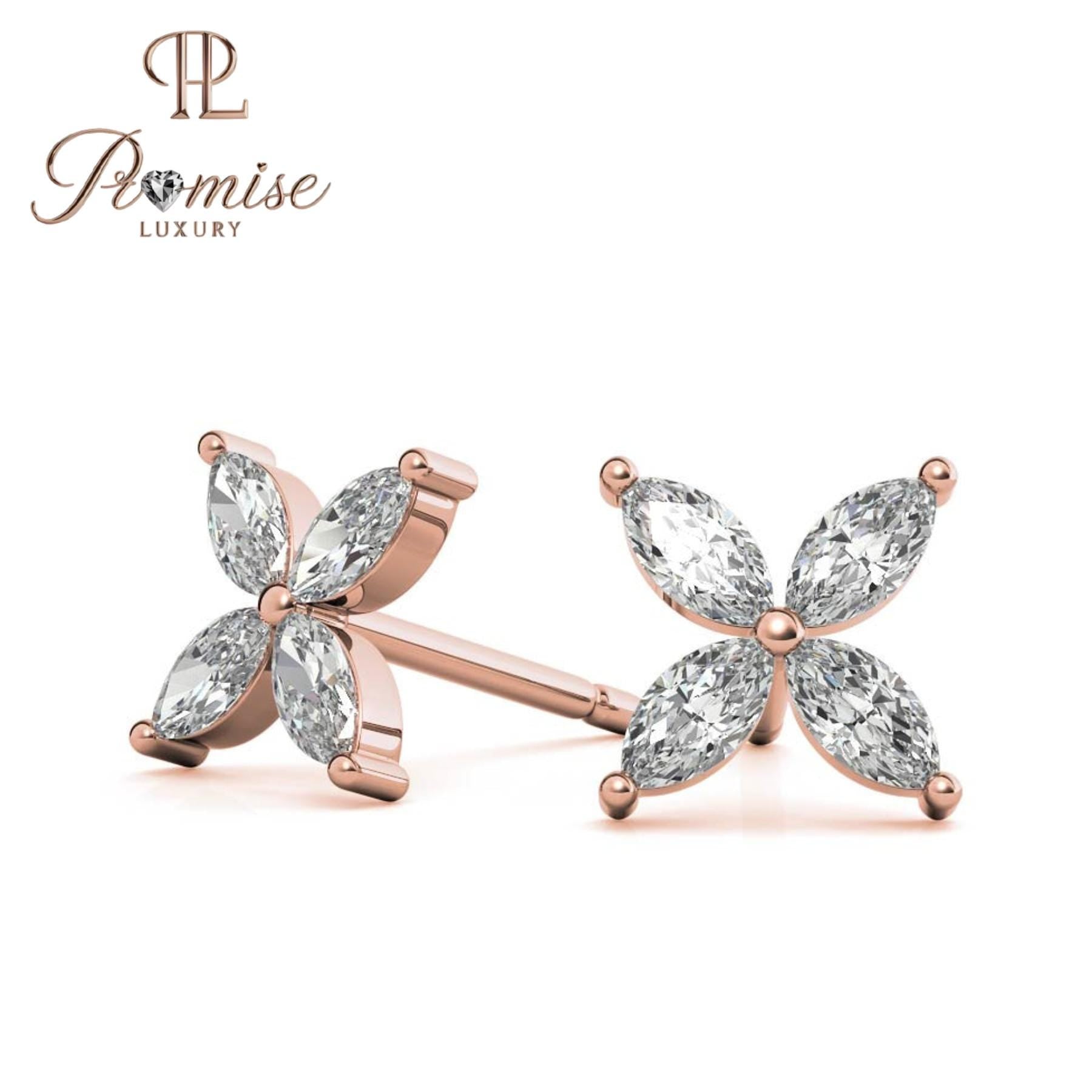 Marquise Diamond Flower Stud Earrings, 14K White Gold — 4-Stone Floral Cluster Studs, Dainty Minimal Bridal Gift, Promise Luxury Jewelry