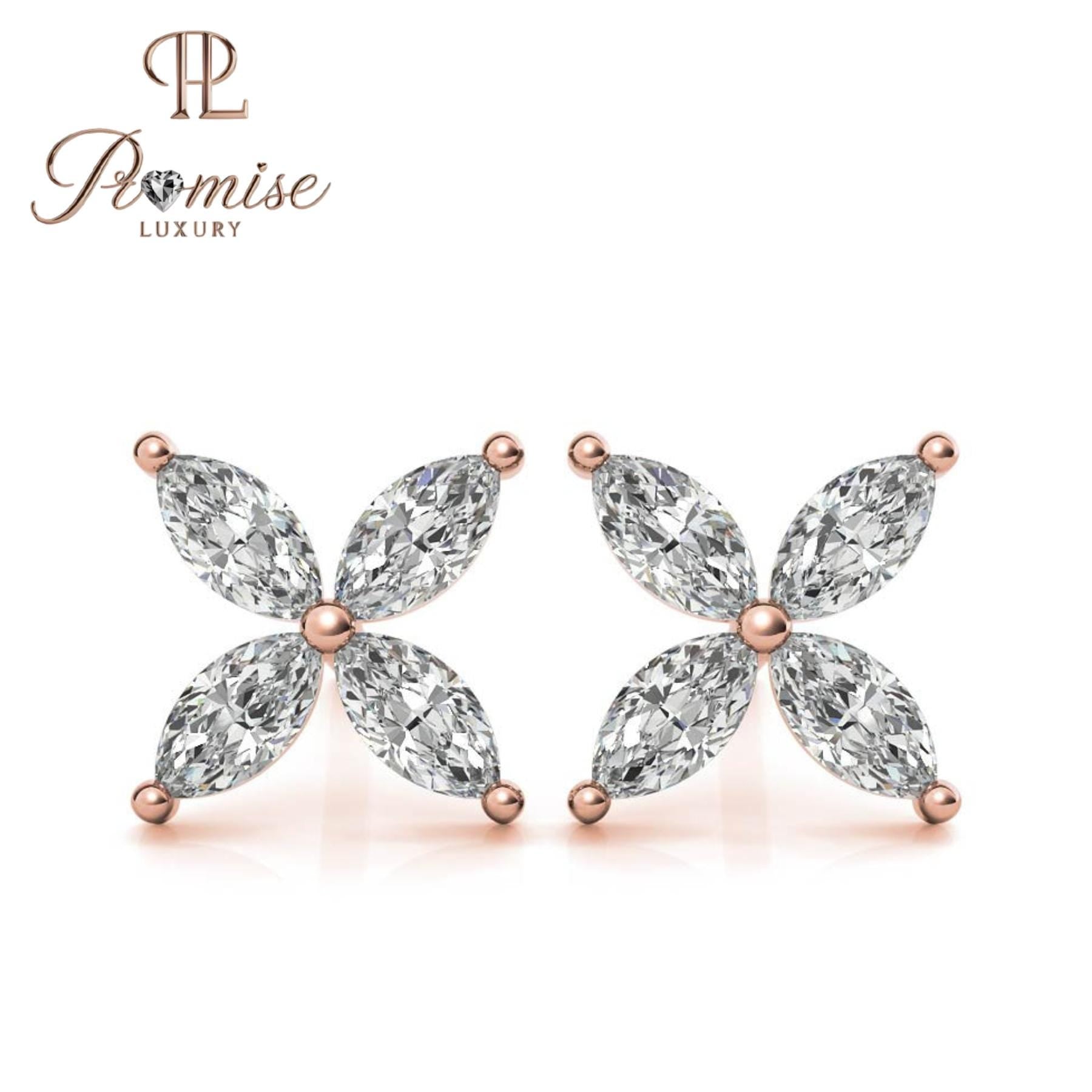 Marquise Diamond Flower Stud Earrings, 14K White Gold — 4-Stone Floral Cluster Studs, Dainty Minimal Bridal Gift, Promise Luxury Jewelry