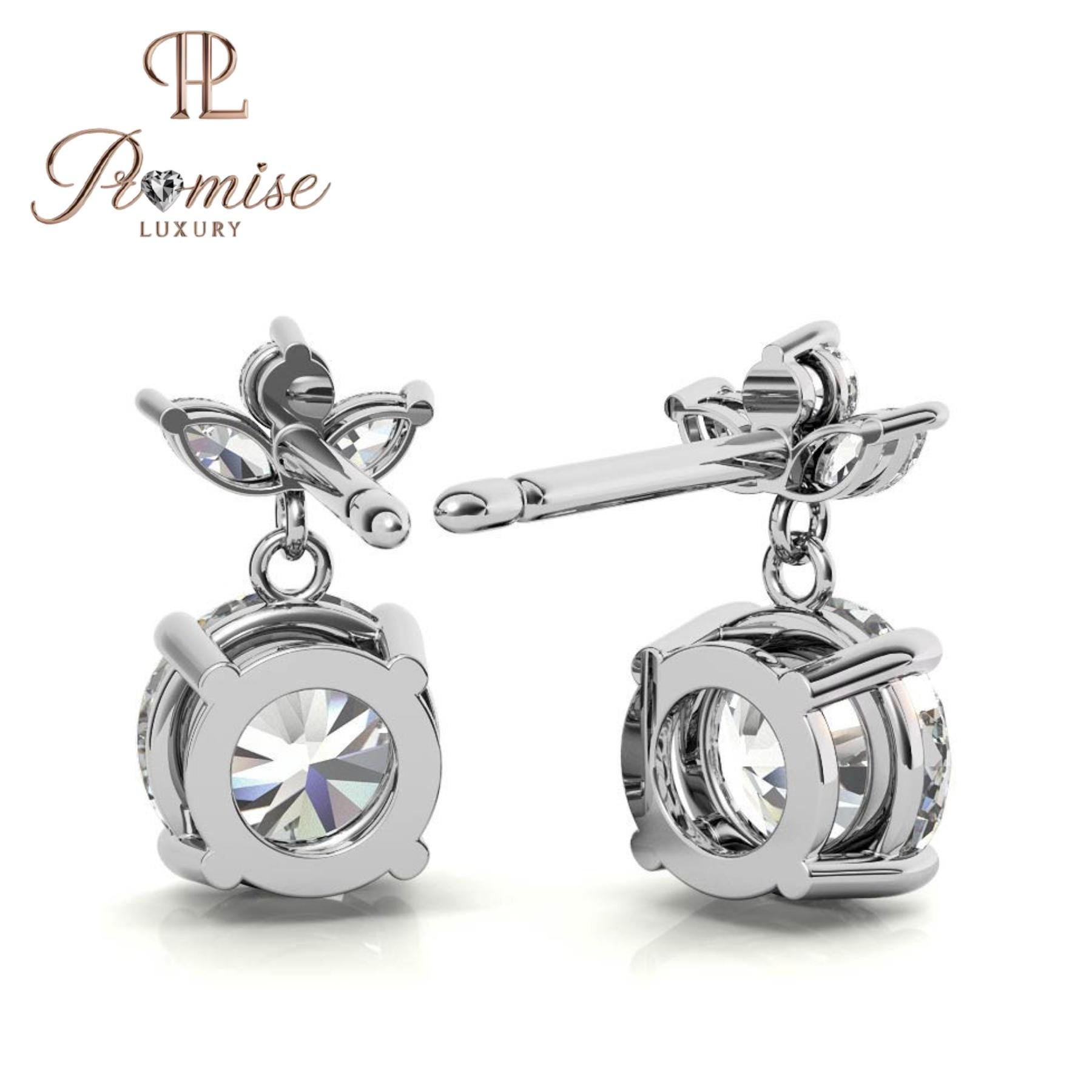 Floral Crown Diamond Drop Stud Earrings, 14K White Gold — Round Center with Marquise Accents, Dainty Bridal Gift by Promise Luxury