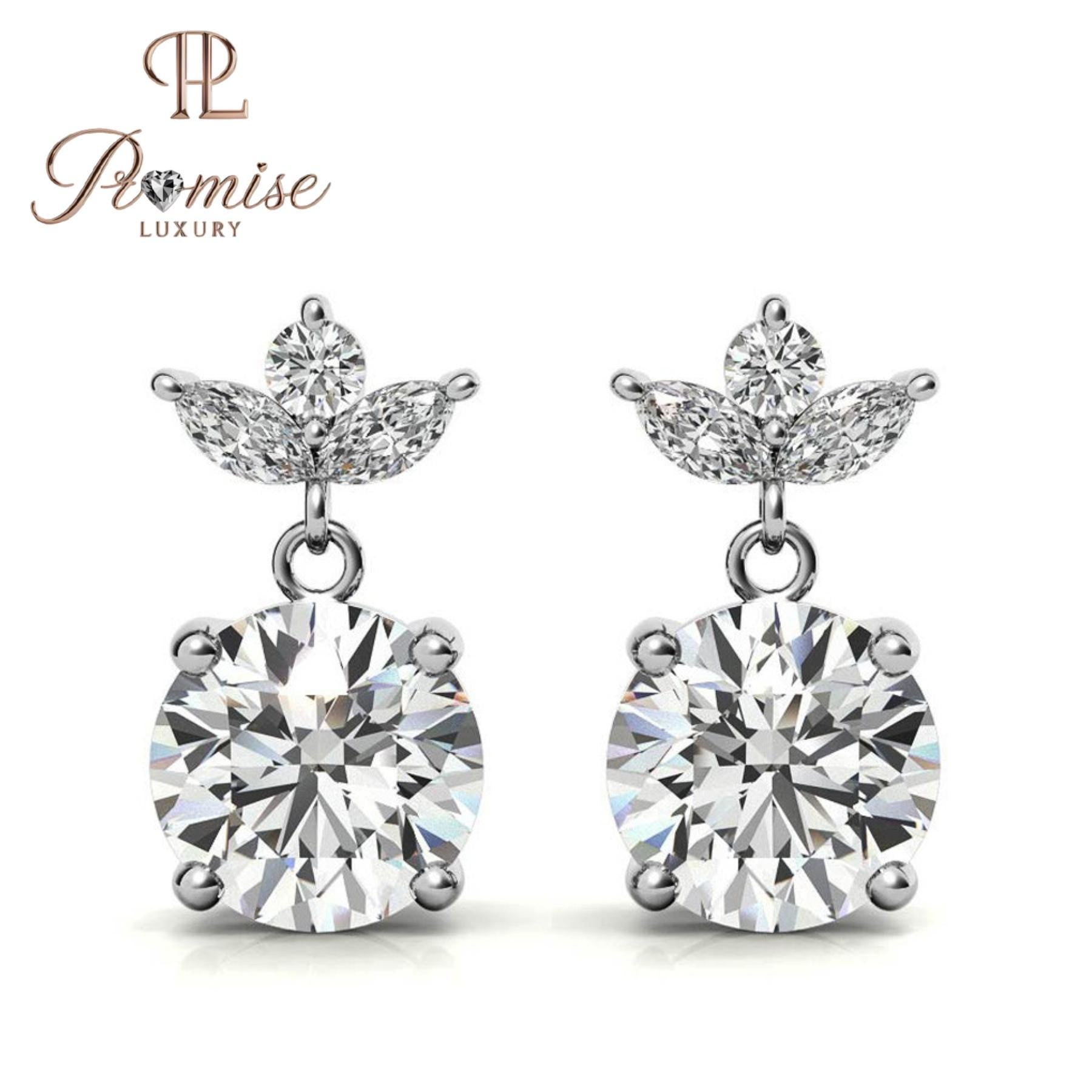 Floral Crown Diamond Drop Stud Earrings, 14K White Gold — Round Center with Marquise Accents, Dainty Bridal Gift by Promise Luxury