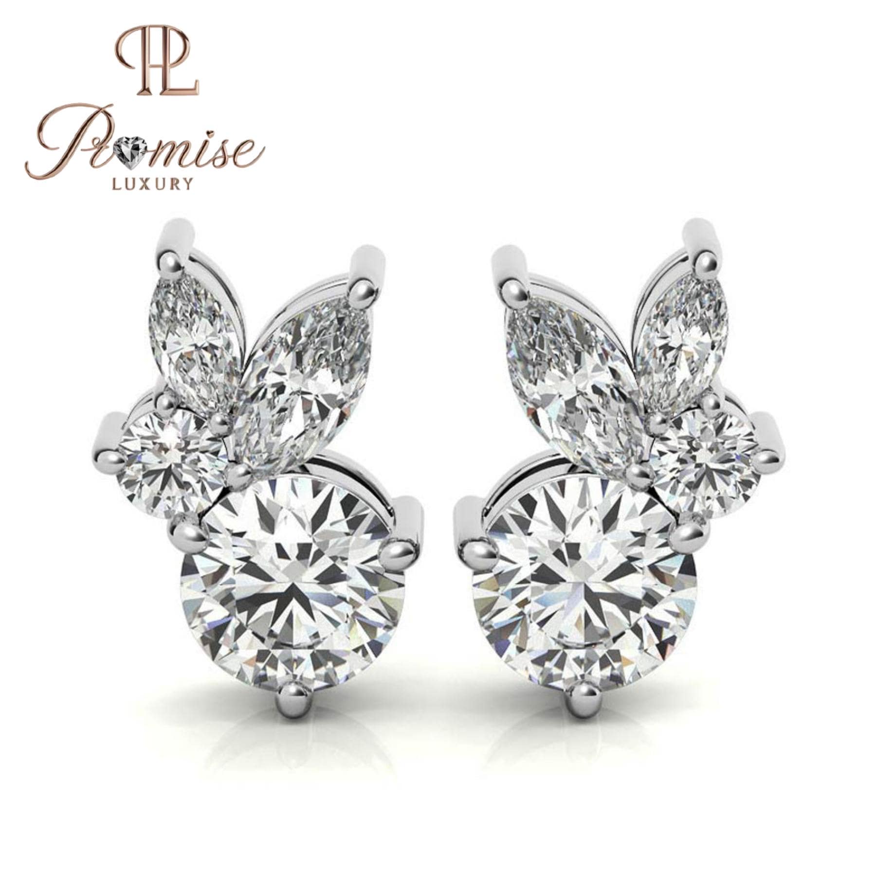 Round Double Halo Diamond Drop Earrings, 14K White Gold Dangle Studs — Bridal Wedding Earrings, Promise Luxury Jewelry