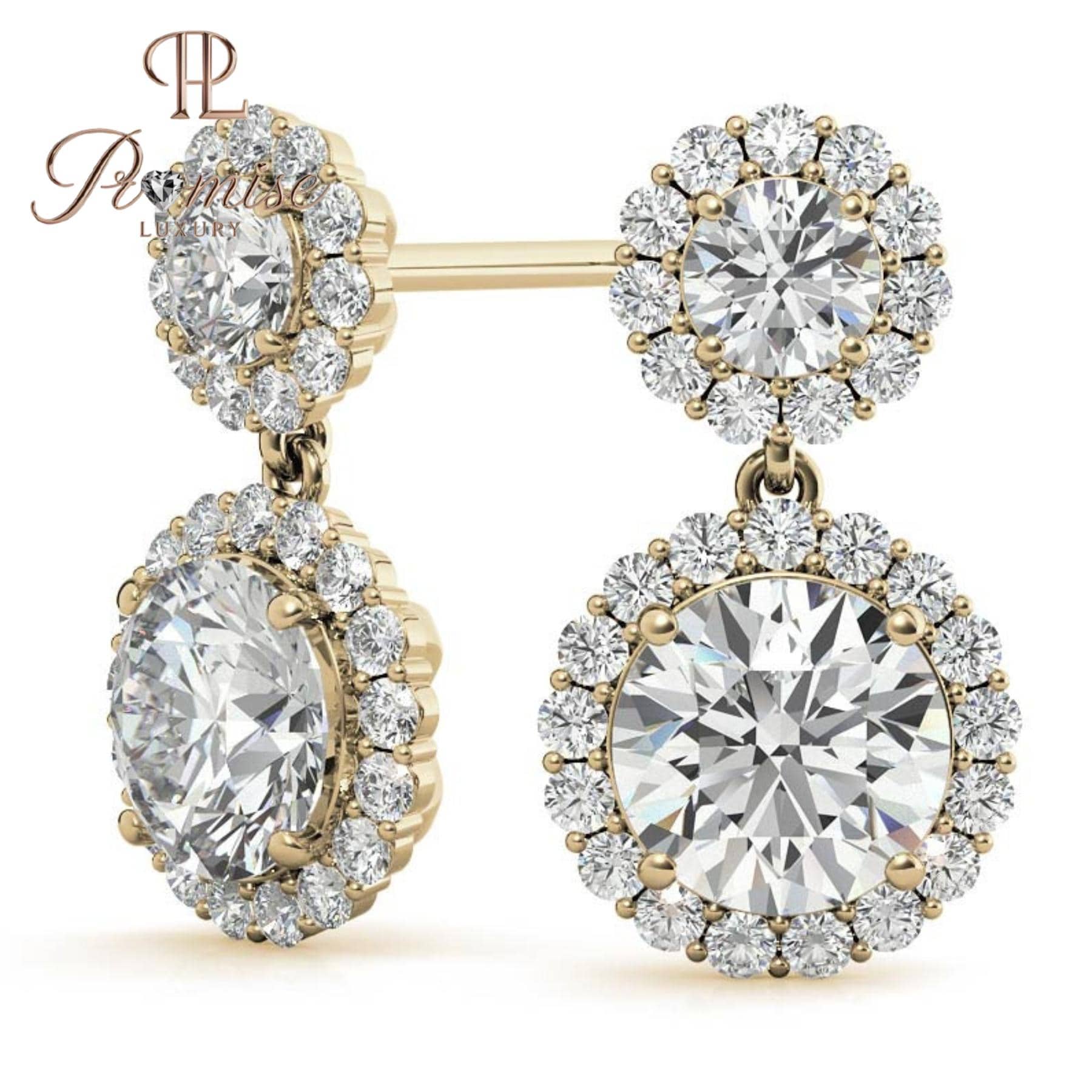 Double Halo Drop Diamond Earrings 14K White Gold | Round Brilliant Dangle Studs | Wedding Bridal Gift | Luxury Anniversary Earrings for Her