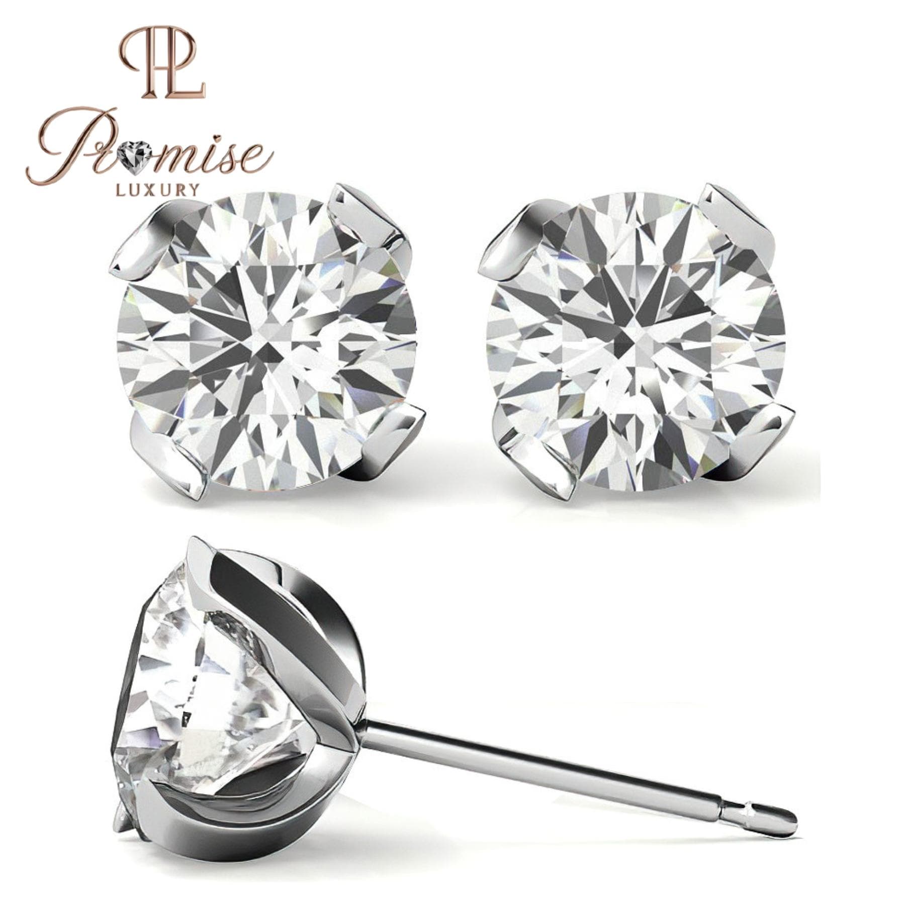 Round Diamond Stud Earrings | 4-Prong Solitaire | 14K Gold or Sterling Silver | Screw Back | 1.00 CTW | Promise Luxury