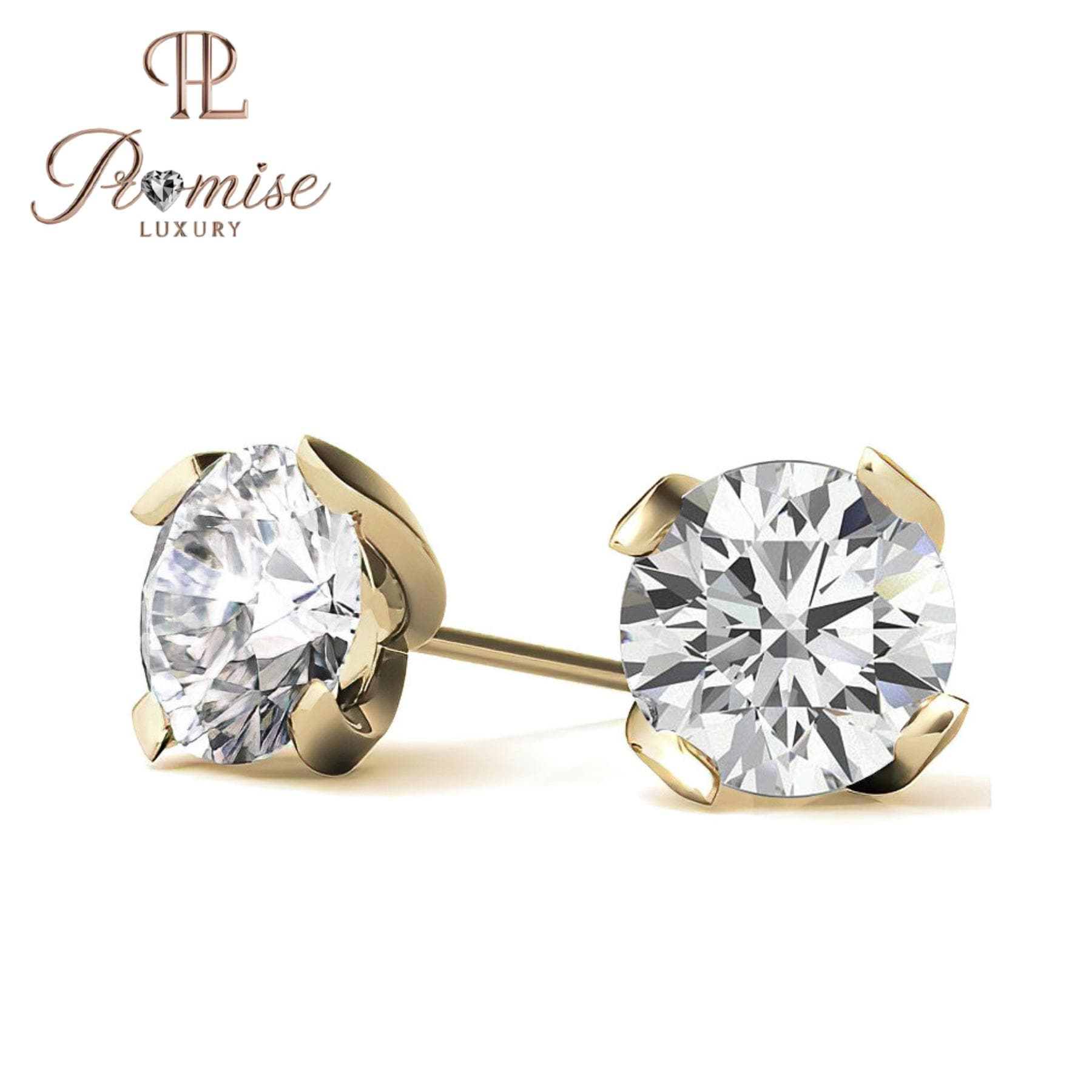 Round Diamond Stud Earrings | 4-Prong Solitaire | 14K Gold or Sterling Silver | Screw Back | 1.00 CTW | Promise Luxury