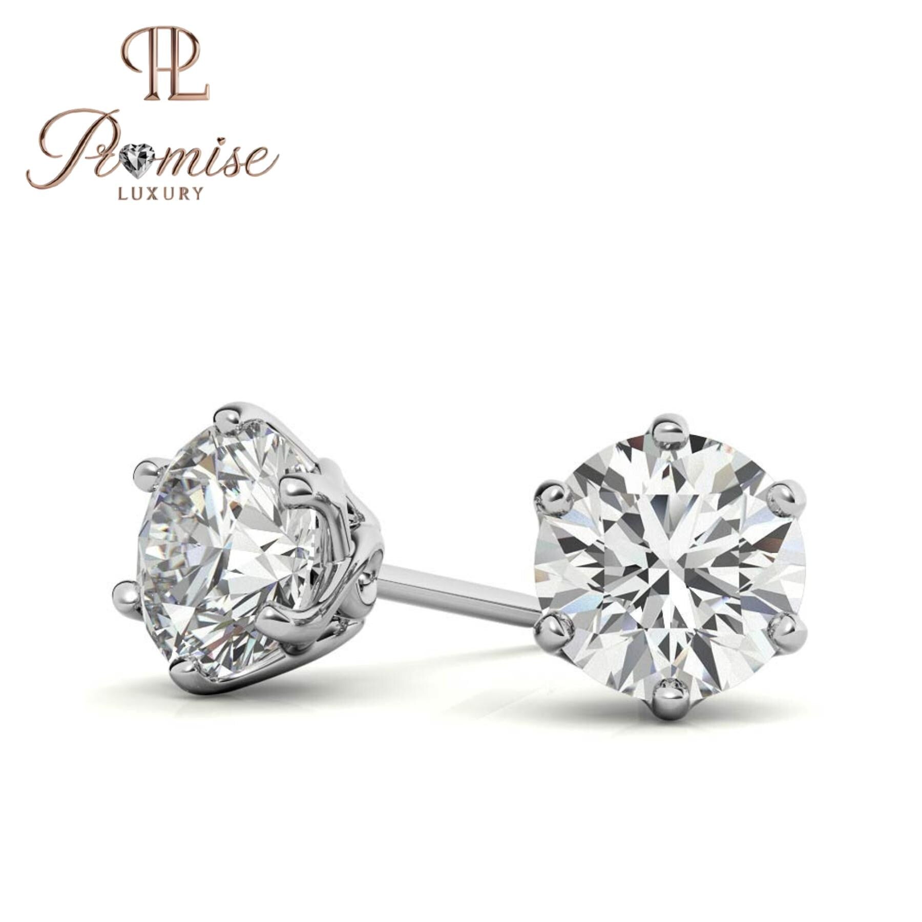 Round Diamond Stud Earrings | 6-Prong Solitaire | 14K Gold or Sterling Silver | Push/Screw Back | 1.00 CTW | Promise Luxury
