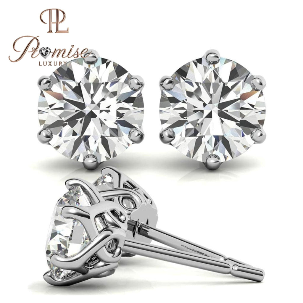 Round Diamond Stud Earrings | 6-Prong Solitaire | 14K Gold or Sterling Silver | Push/Screw Back | 1.00 CTW | Promise Luxury
