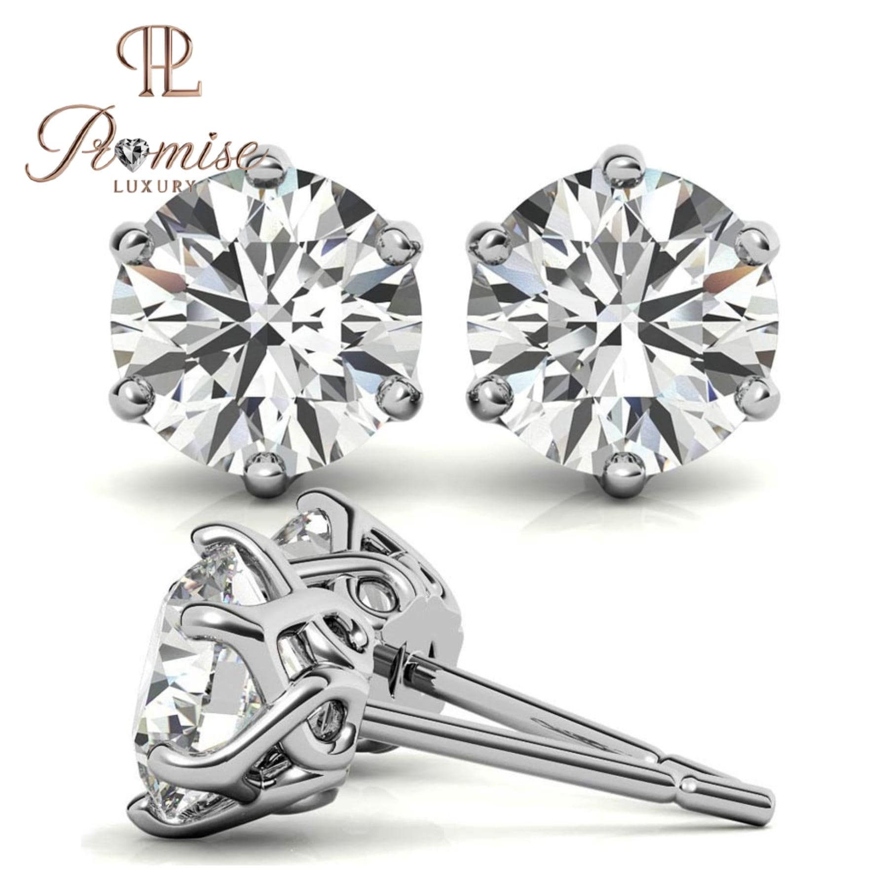 Round Diamond Stud Earrings | 6-Prong Solitaire | 14K Gold or Sterling Silver | Push/Screw Back | 1.00 CTW | Promise Luxury