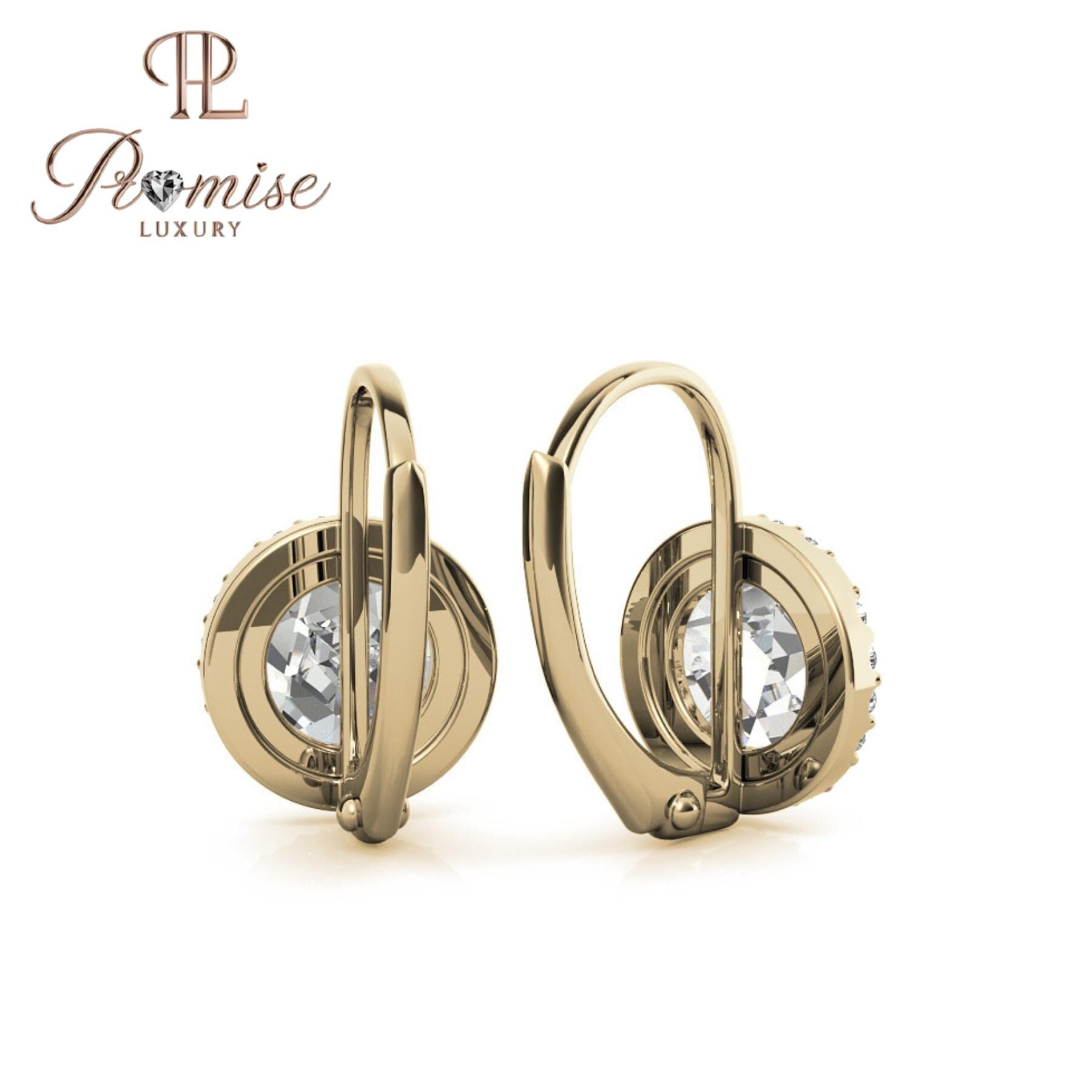 Halo Diamond Leverback Earrings | Round Cut | 14K Gold or Sterling Silver | Dangle Drop | 1.00 CTW | Promise Luxury